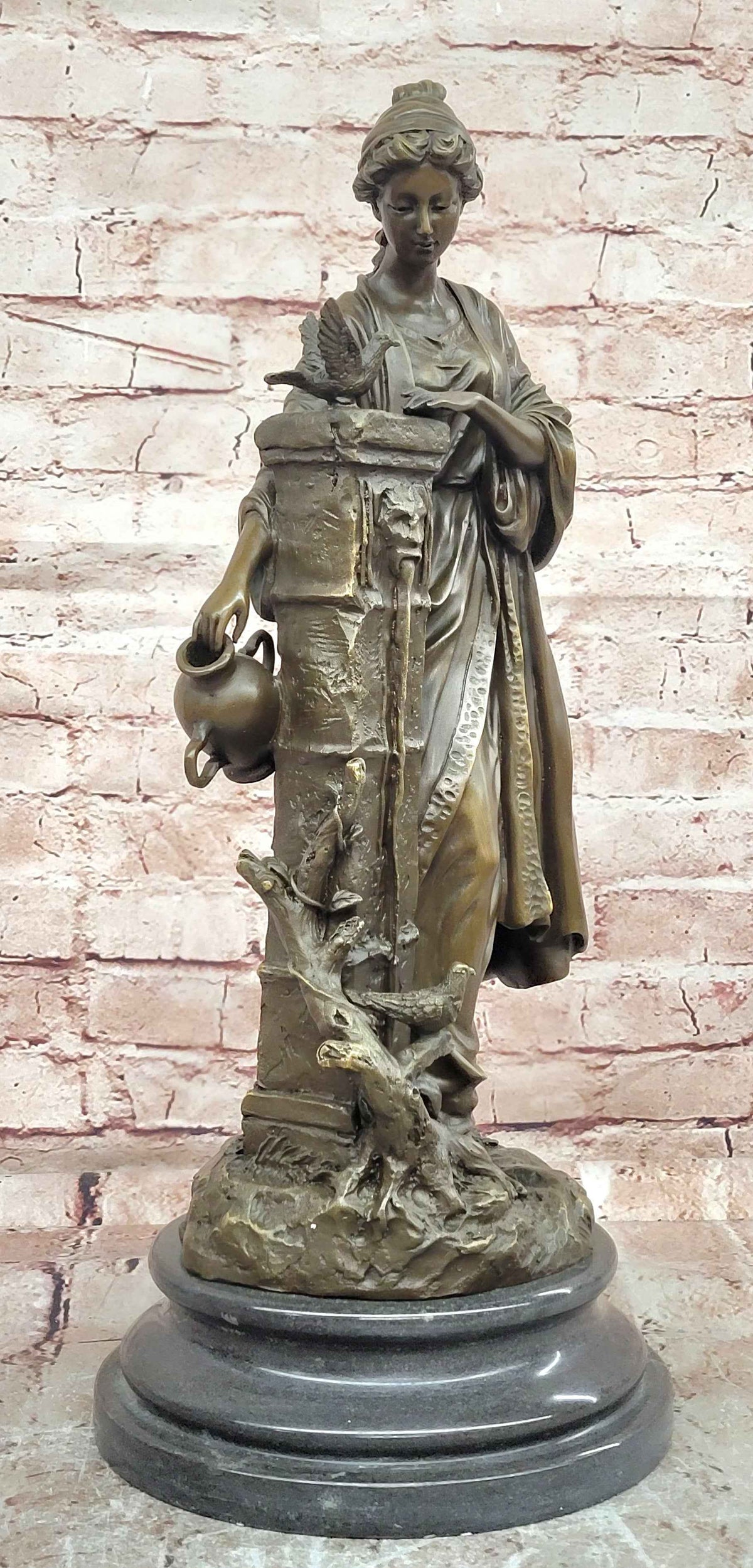 Bronze Classical Maiden Sculpture Bird Urn Garden Art