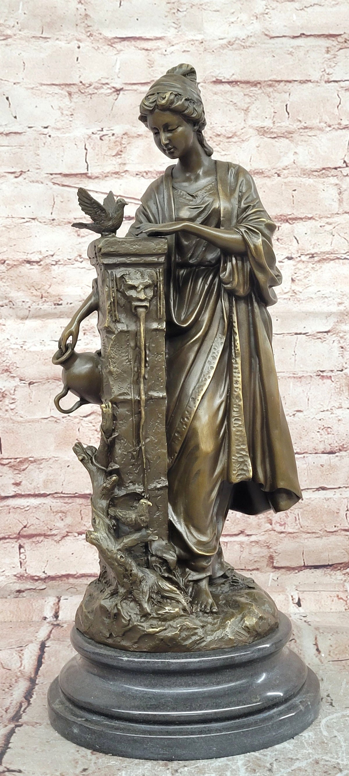 Bronze Classical Maiden Sculpture Bird Urn Garden Art