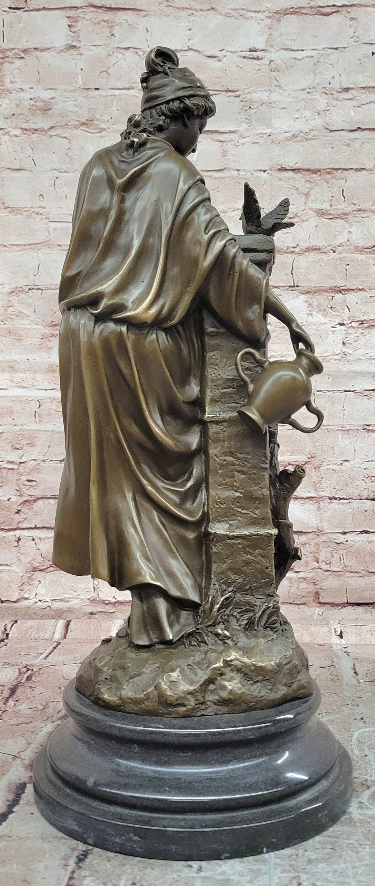 Bronze Classical Maiden Sculpture Bird Urn Garden Art