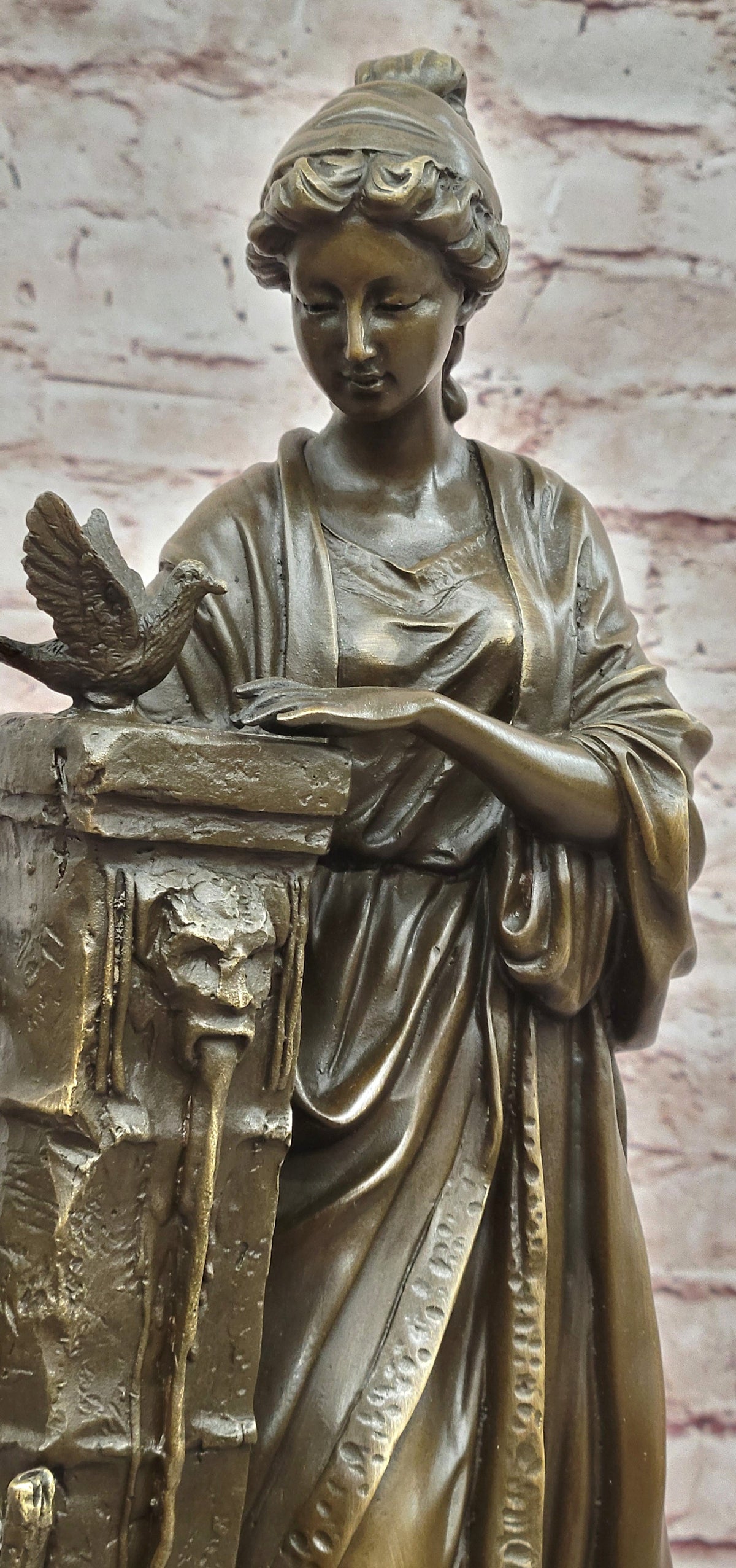 Bronze Classical Maiden Sculpture Bird Urn Garden Art