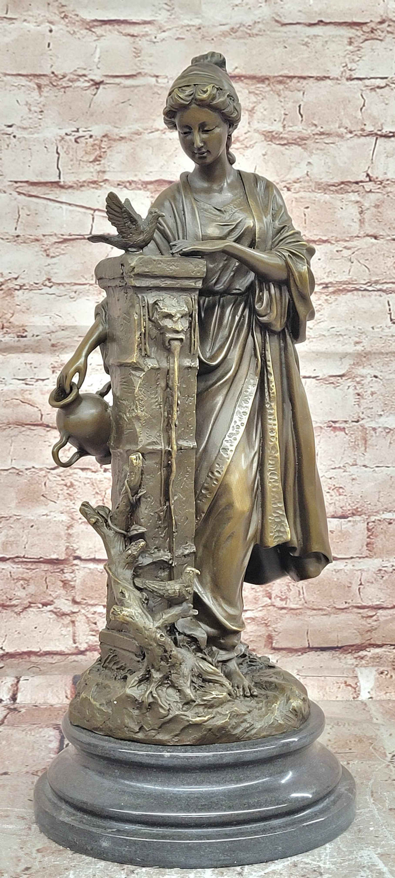 Bronze Classical Maiden Sculpture Bird Urn Garden Art