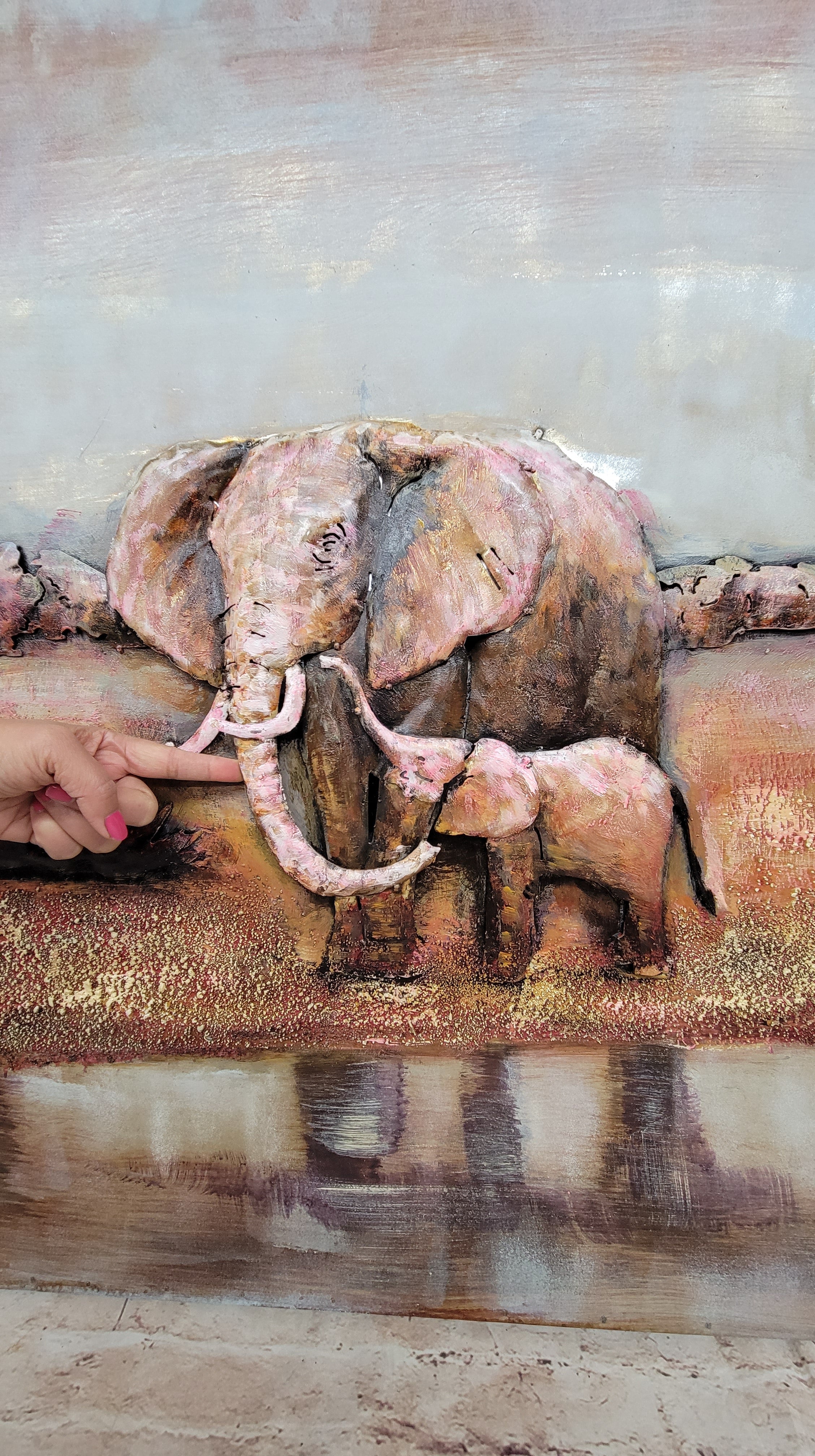Hand Made Wildlife African Elephants Family 3-D Oil Painting on Metal Canvas