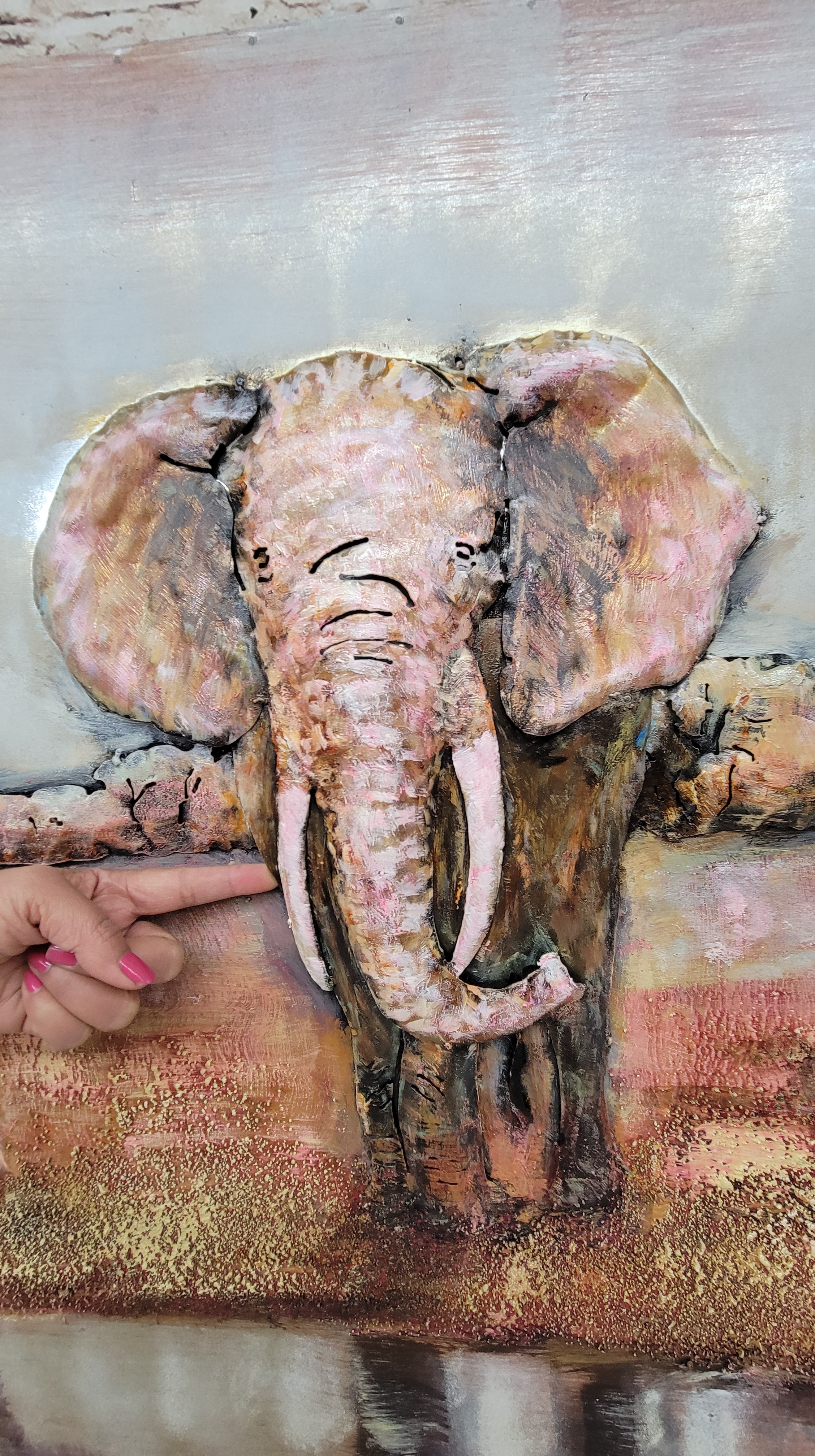 Hand Made Wildlife African Elephants Family 3-D Oil Painting on Metal Canvas