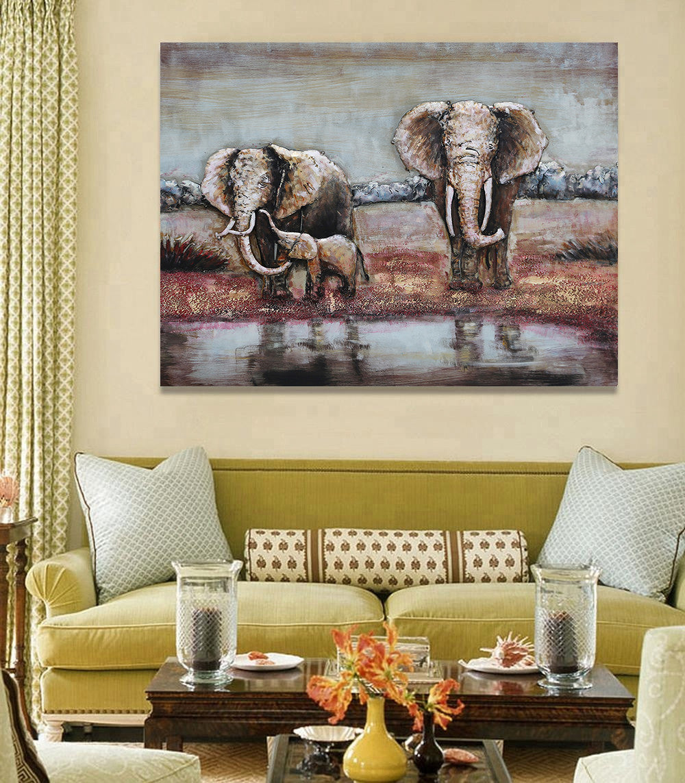 Hand Made Wildlife African Elephants Family 3-D Oil Painting on Metal Canvas
