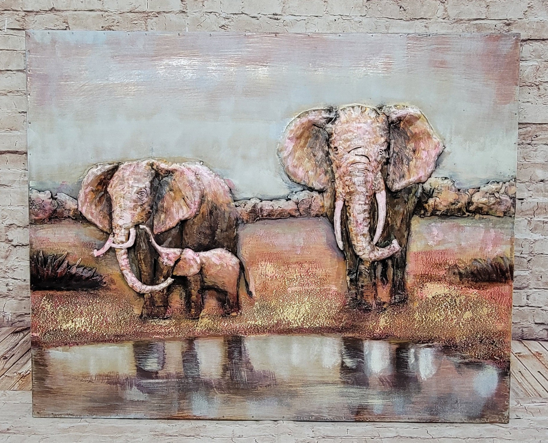 Hand Made Wildlife African Elephants Family 3-D Oil Painting on Metal Canvas