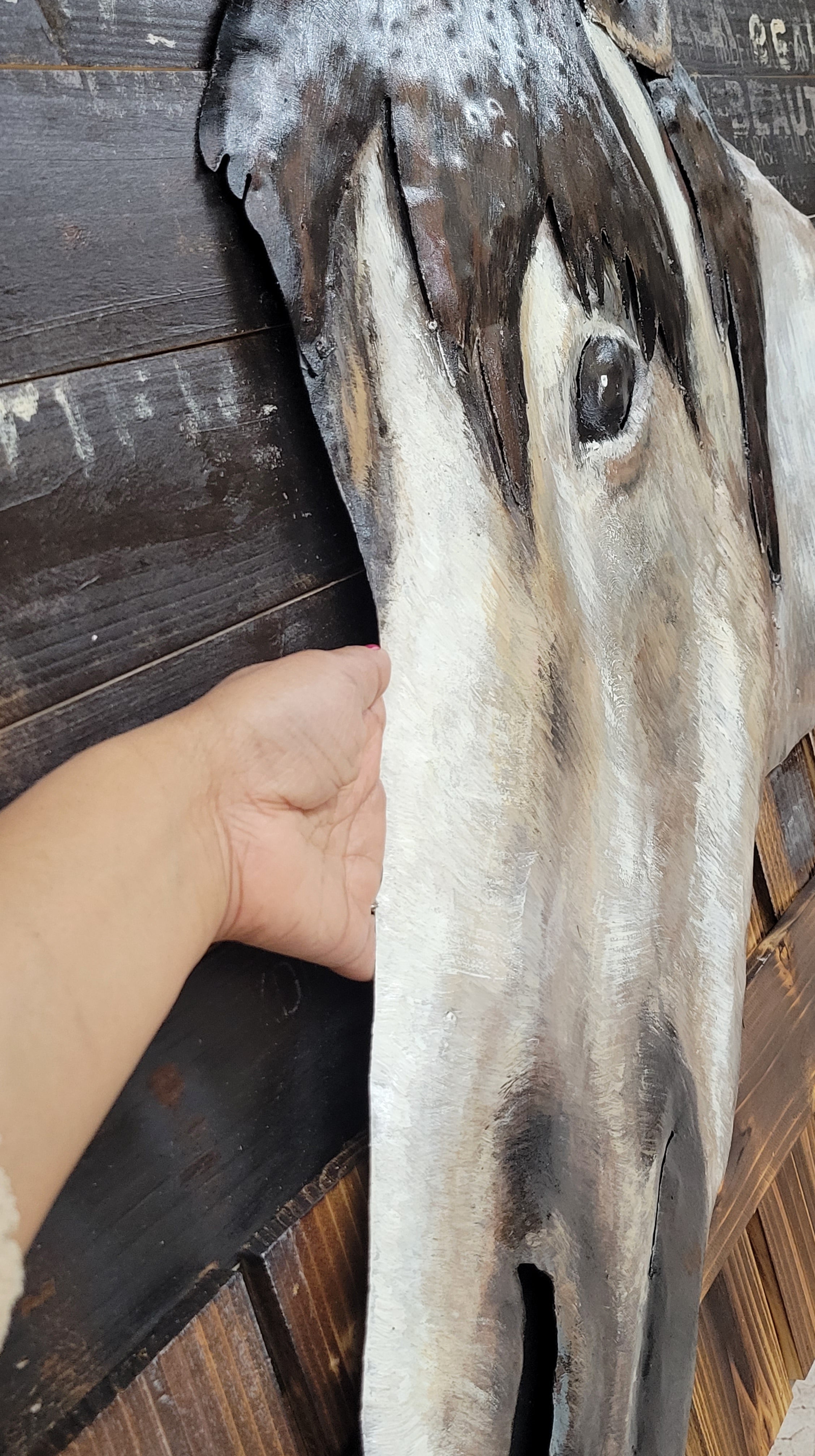 3D Wall Art Wood Canvas w/ Painted Cutout Metal Horse Peeking Over Barn Door Fence