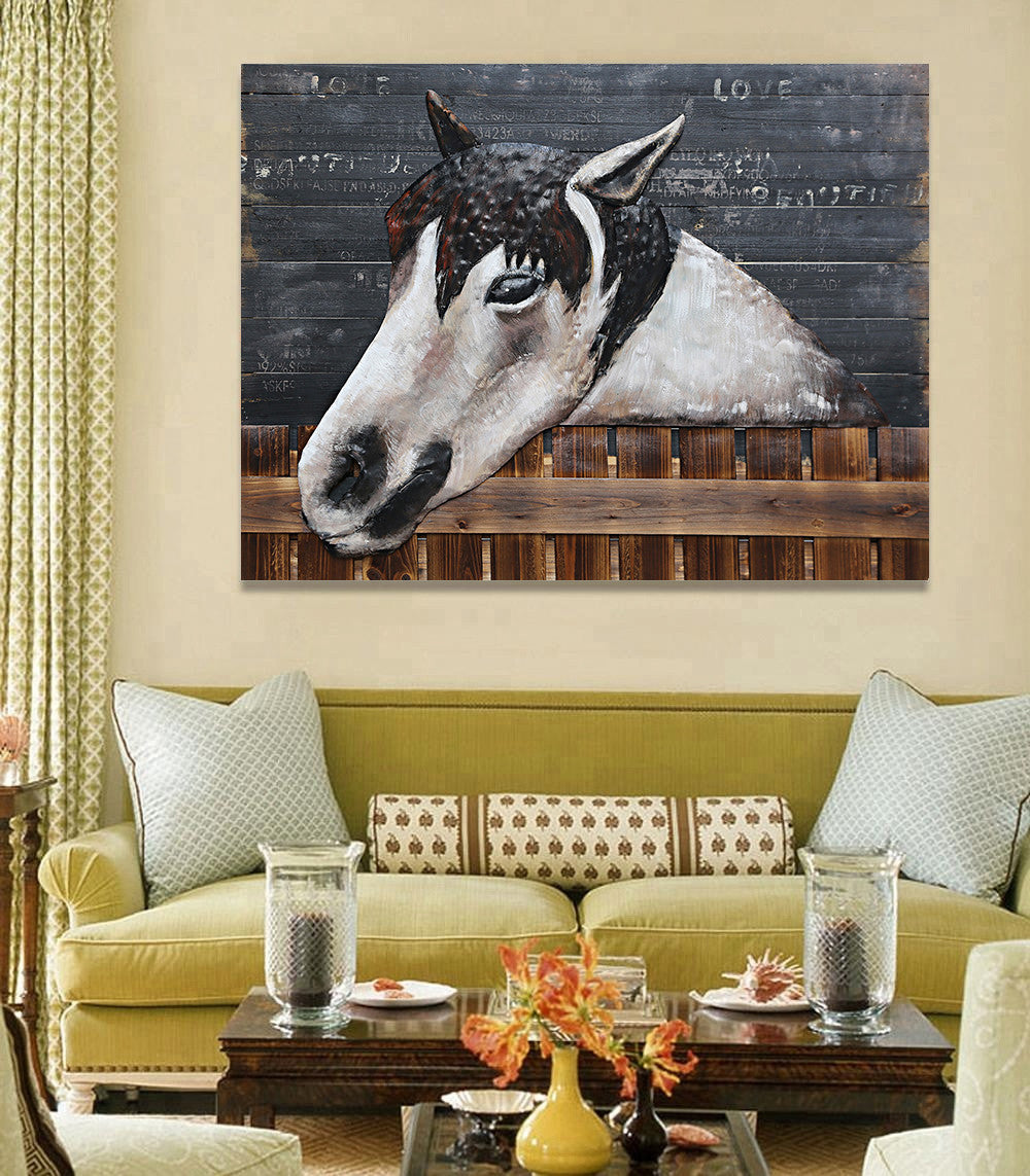 3D Wall Art Wood Canvas w/ Painted Cutout Metal Horse Peeking Over Barn Door Fence