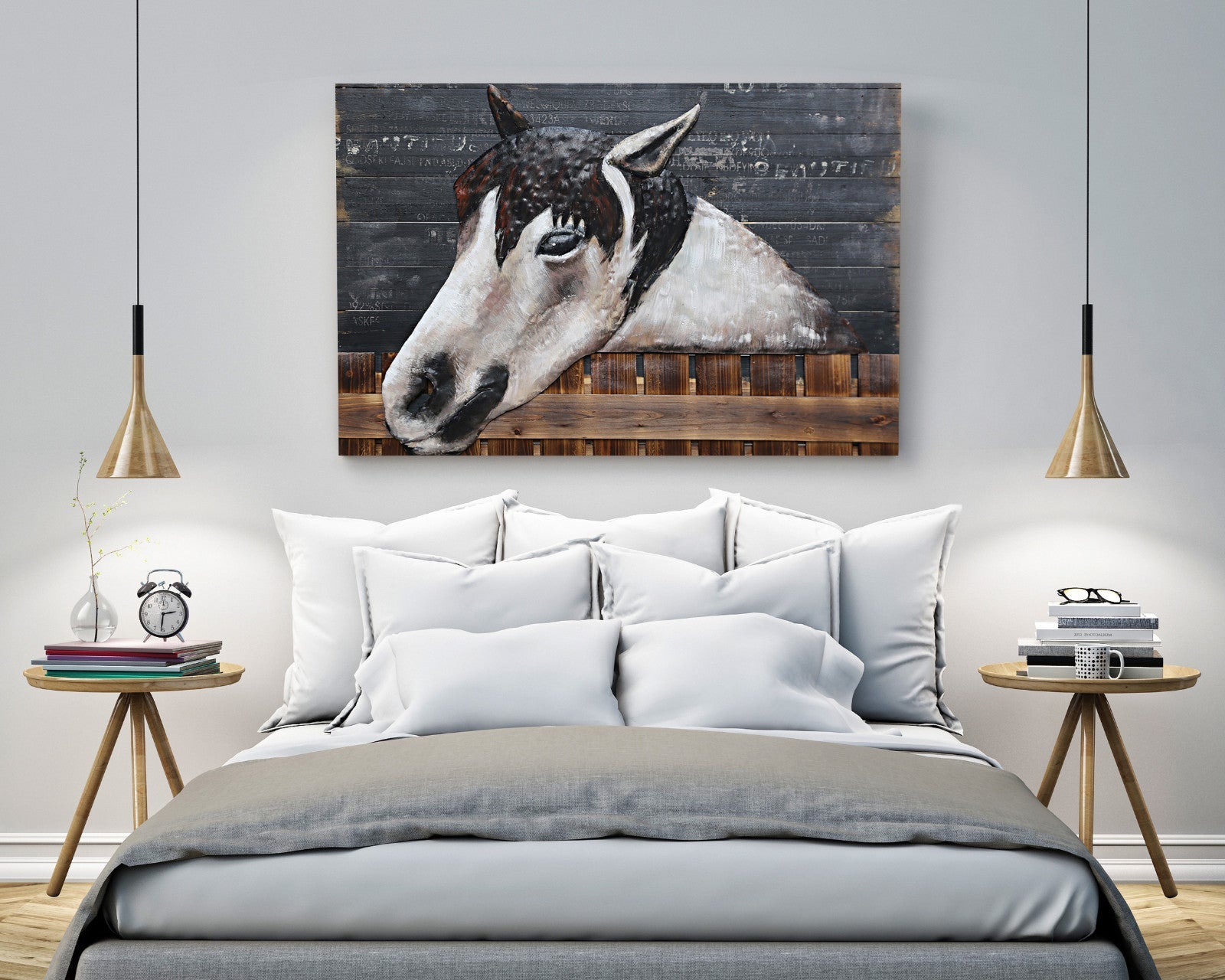 3D Wall Art Wood Canvas w/ Painted Cutout Metal Horse Peeking Over Barn Door Fence