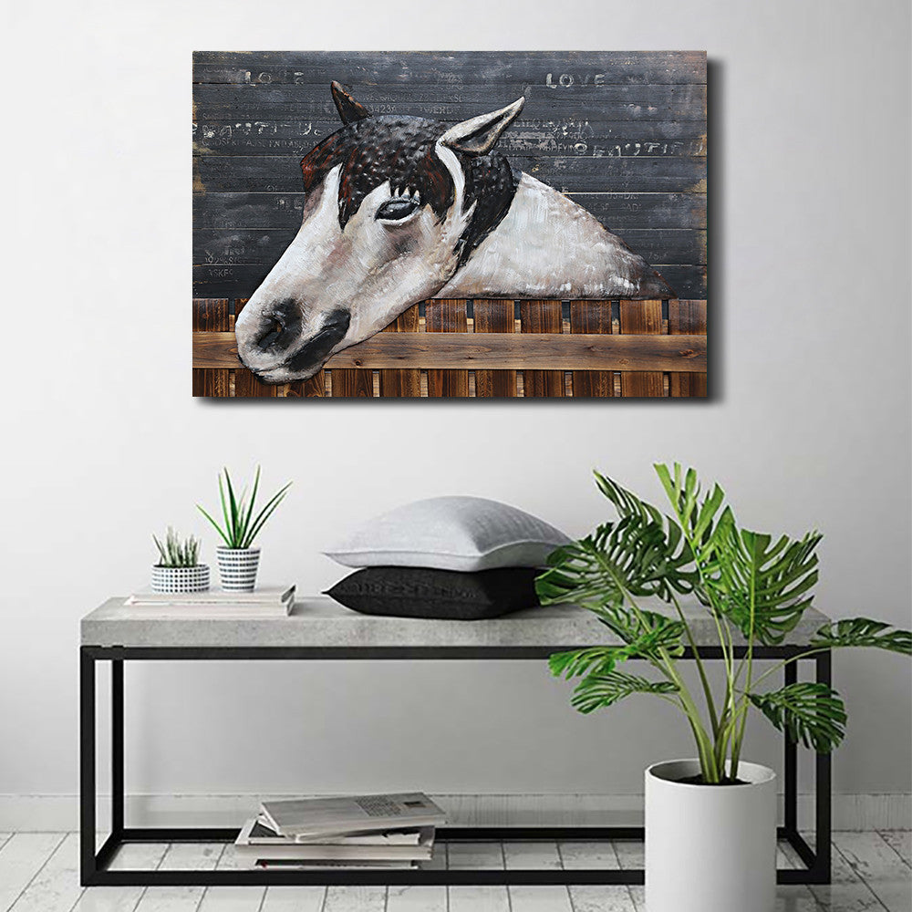 3D Wall Art Wood Canvas w/ Painted Cutout Metal Horse Peeking Over Barn Door Fence