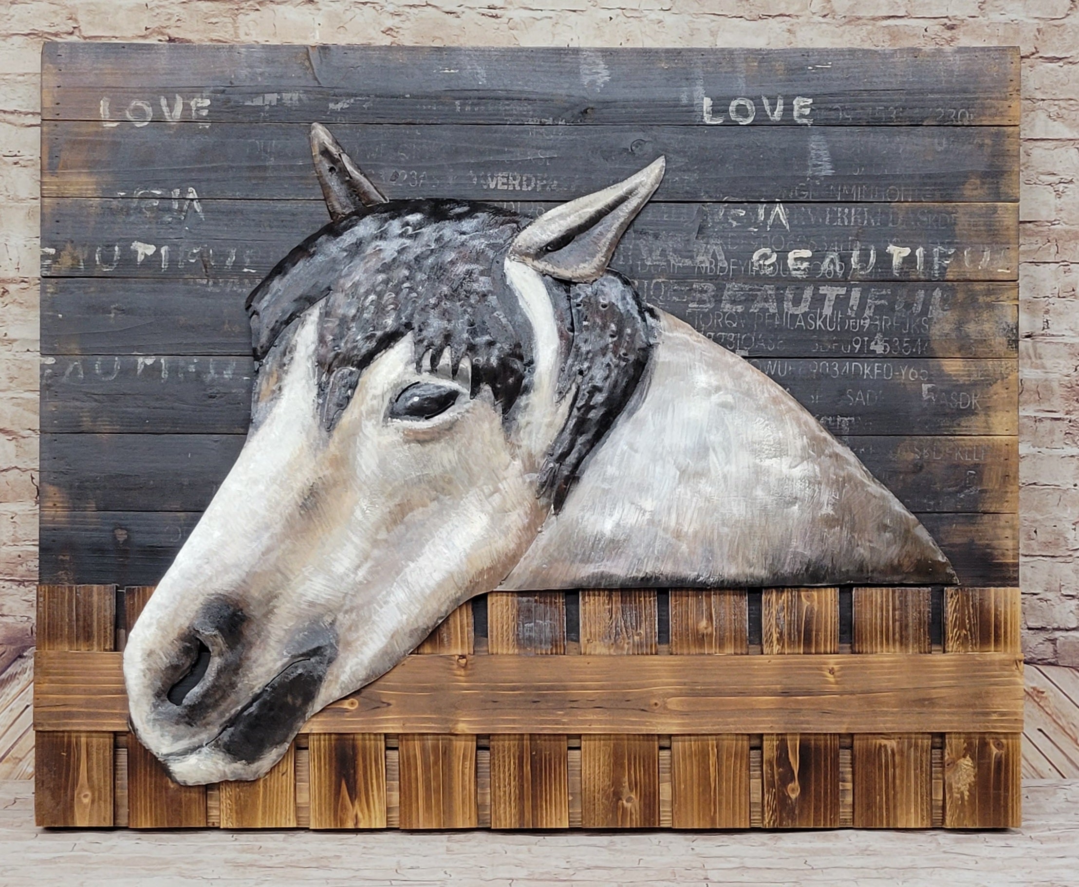 3D Wall Art Wood Canvas w/ Painted Cutout Metal Horse Peeking Over Barn Door Fence