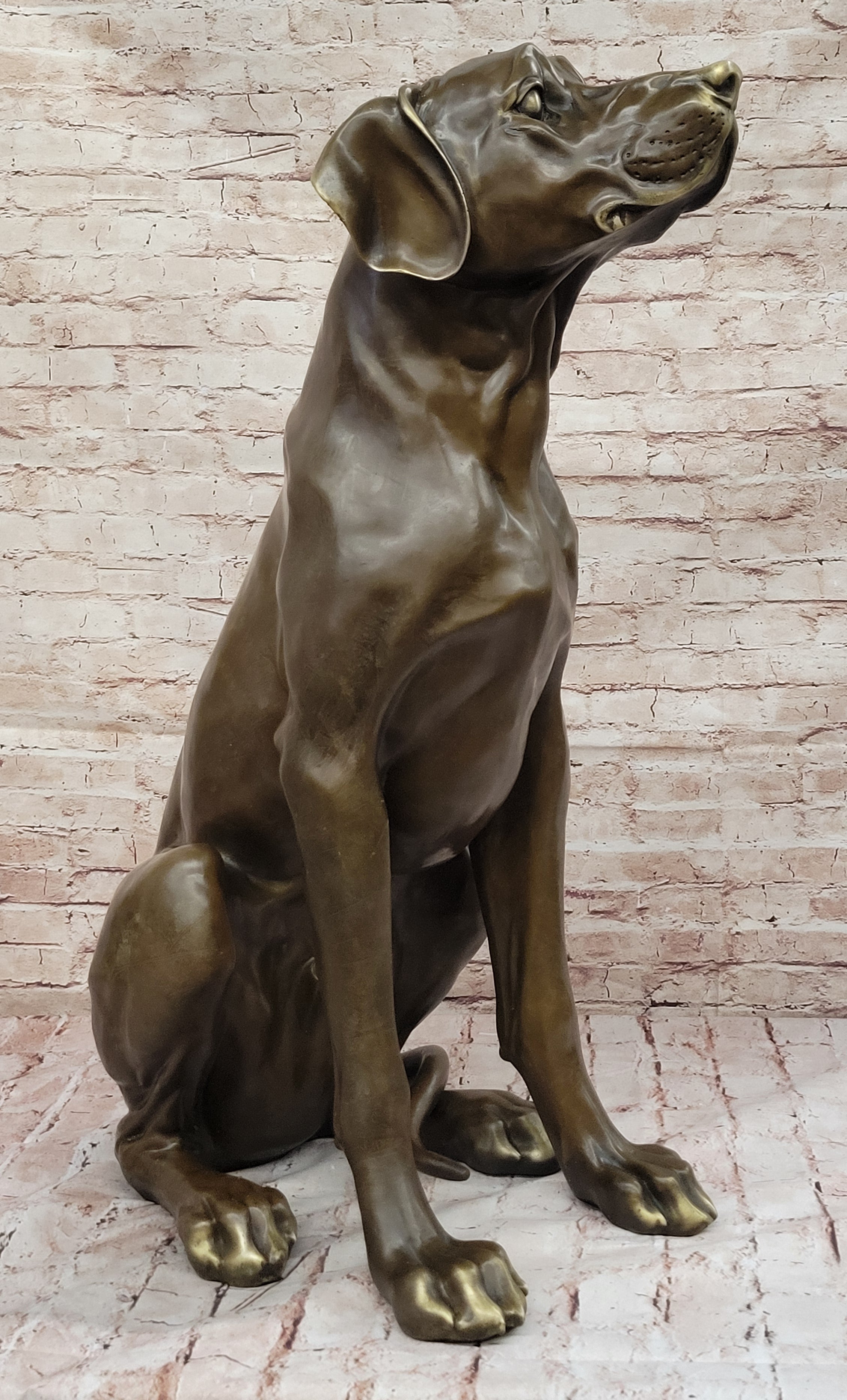Lifelike Bronze Dog Statue; Realistic Sitting Dog Sculpture for Home or Garden Decor