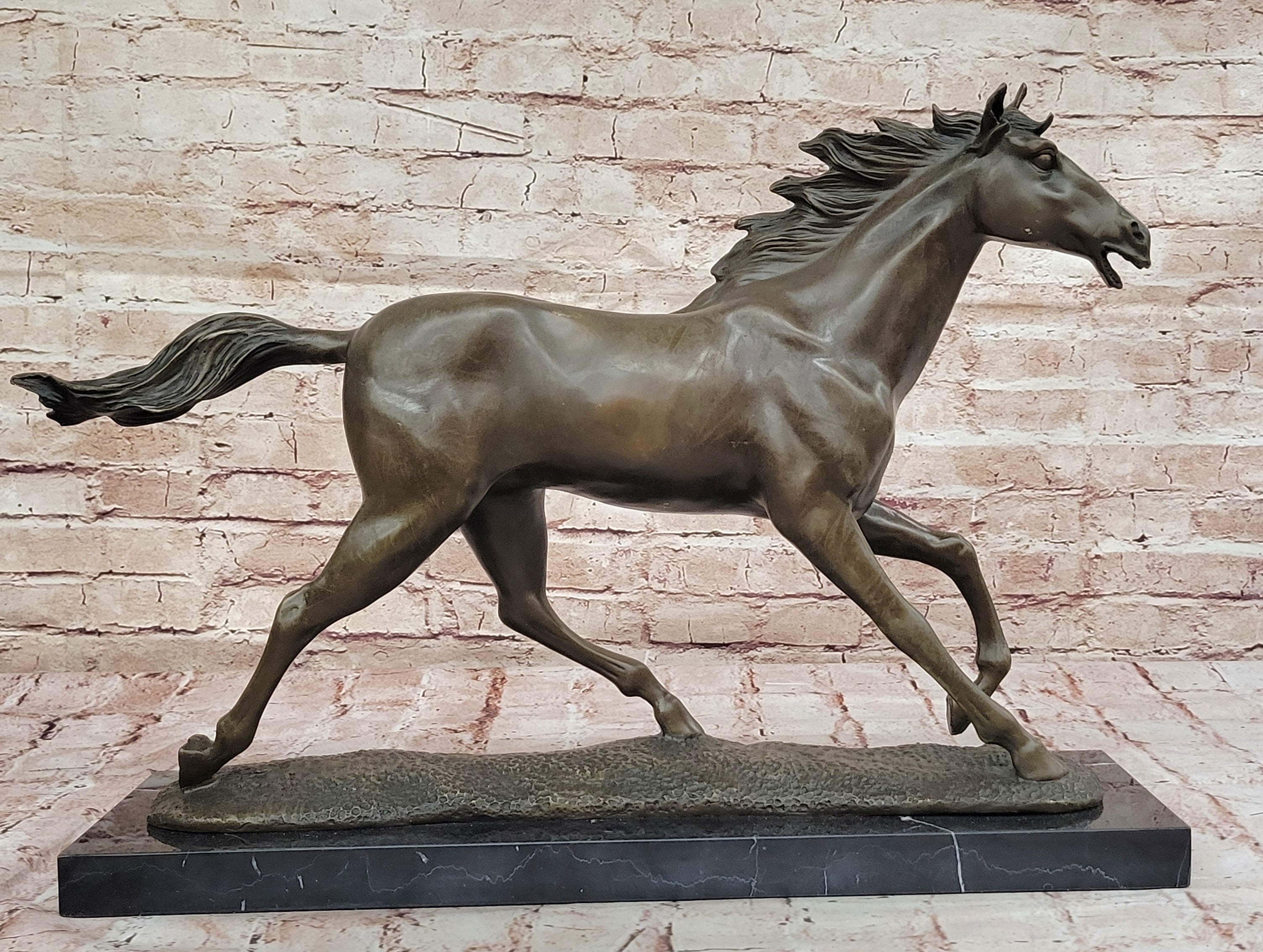 Milo Running Horse Bronze Sculpture; Realistic Equine Art on Marble Base
