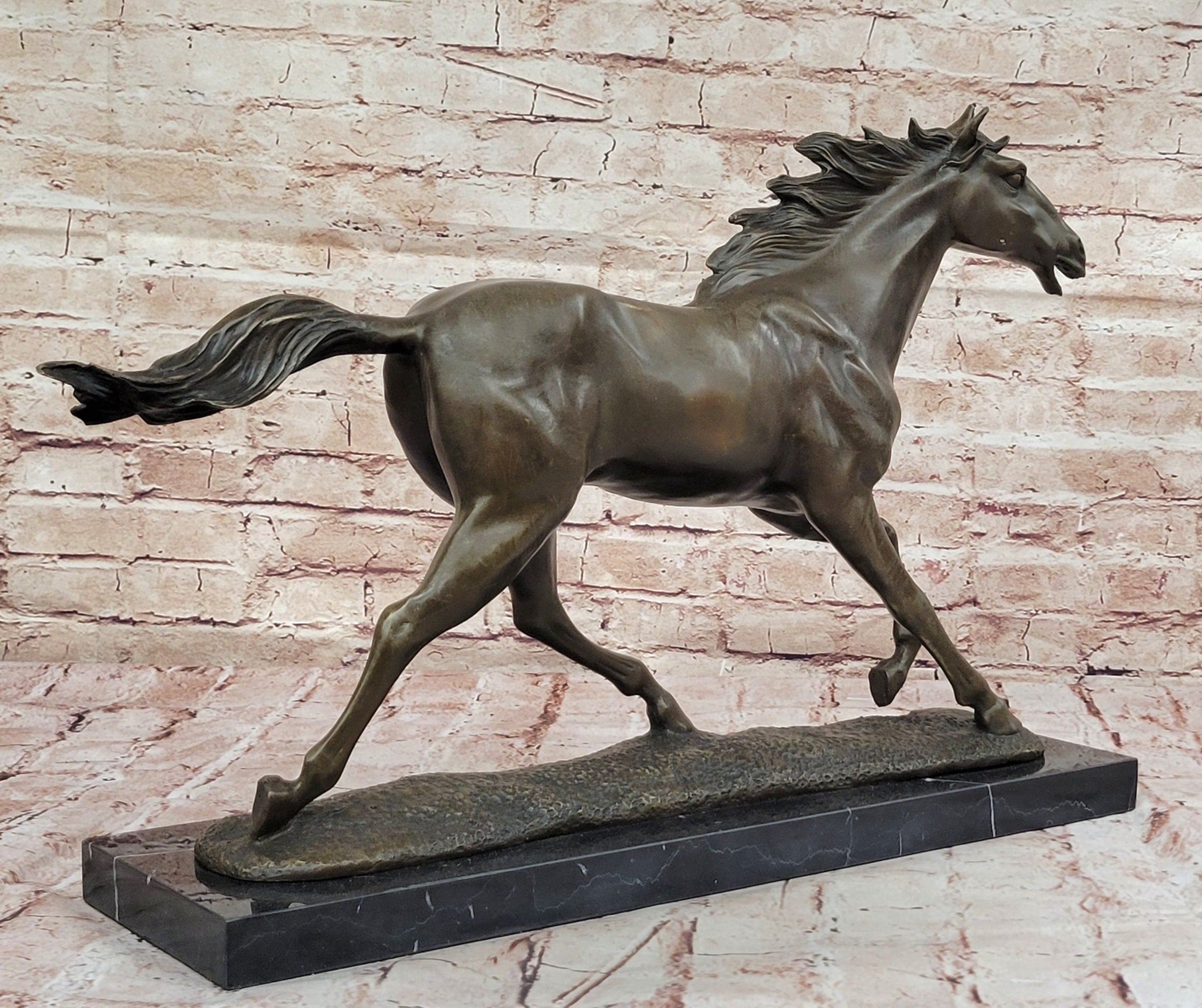 Milo Running Horse Bronze Sculpture; Realistic Equine Art on Marble Base