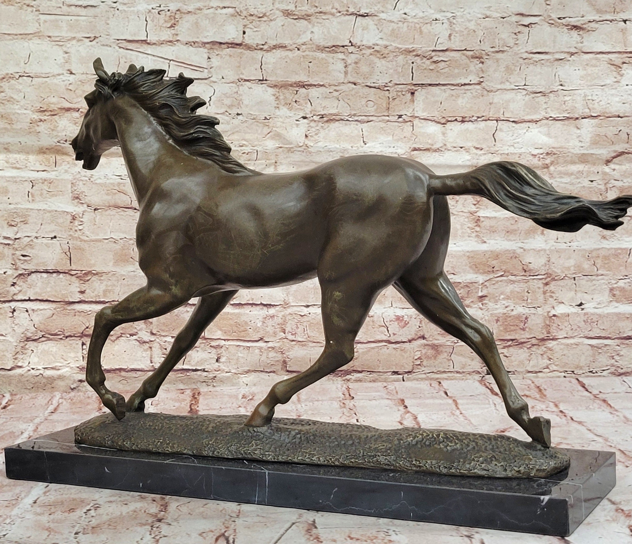 Milo Running Horse Bronze Sculpture; Realistic Equine Art on Marble Base