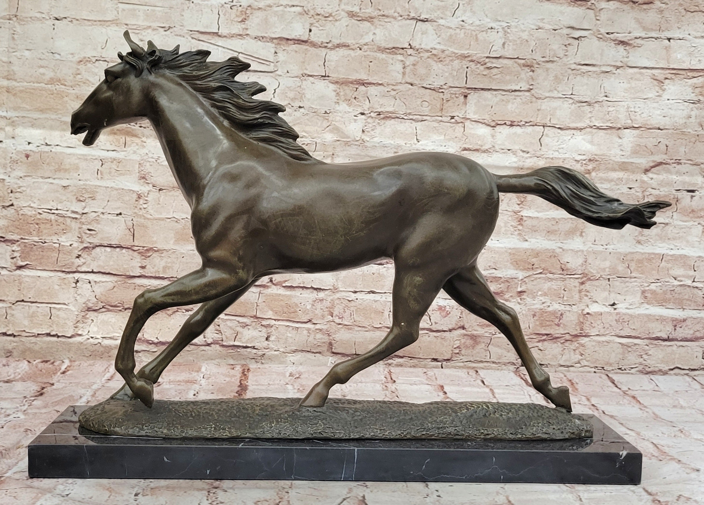 Milo Running Horse Bronze Sculpture; Realistic Equine Art on Marble Base