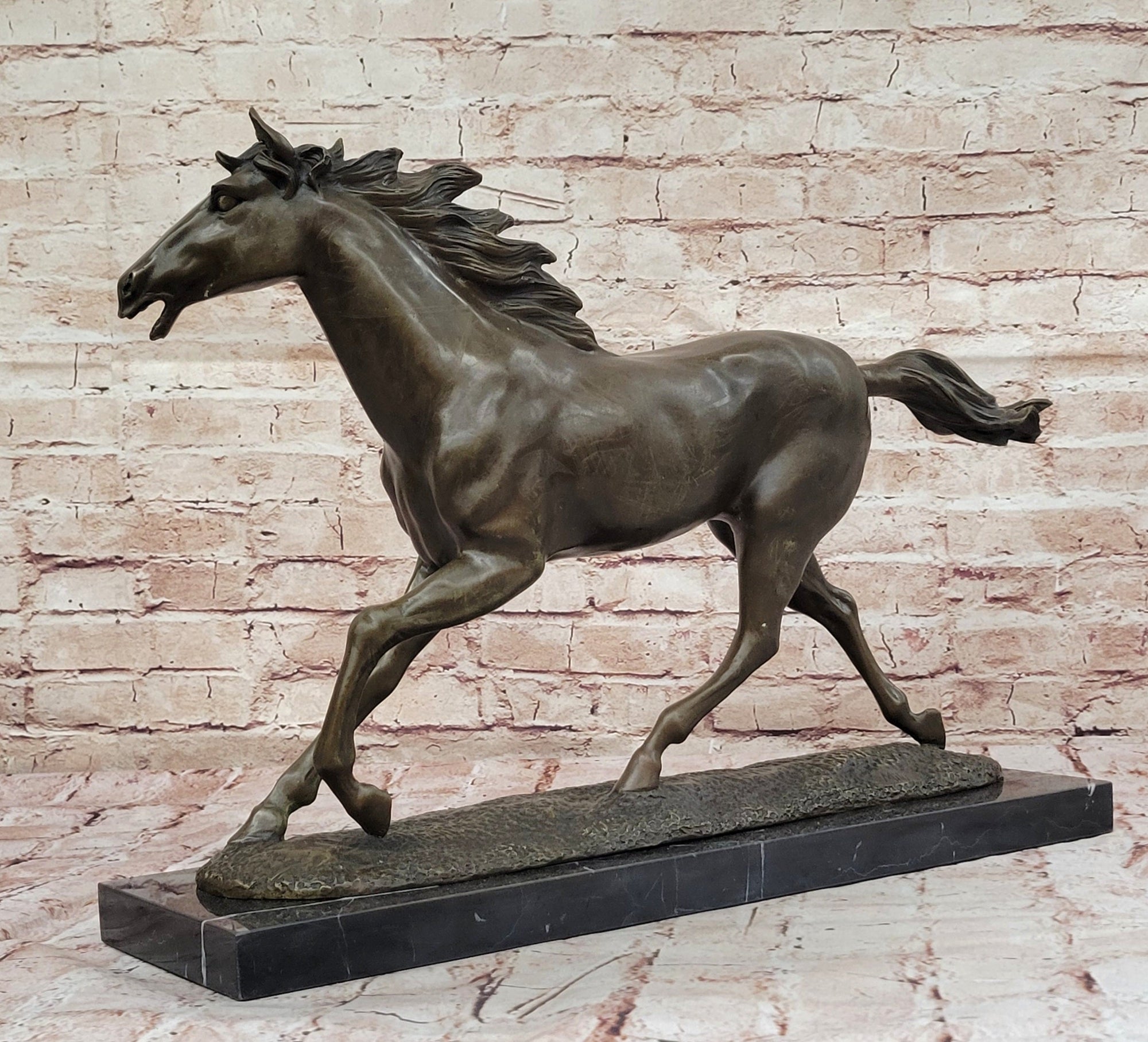 Milo Running Horse Bronze Sculpture; Realistic Equine Art on Marble Base