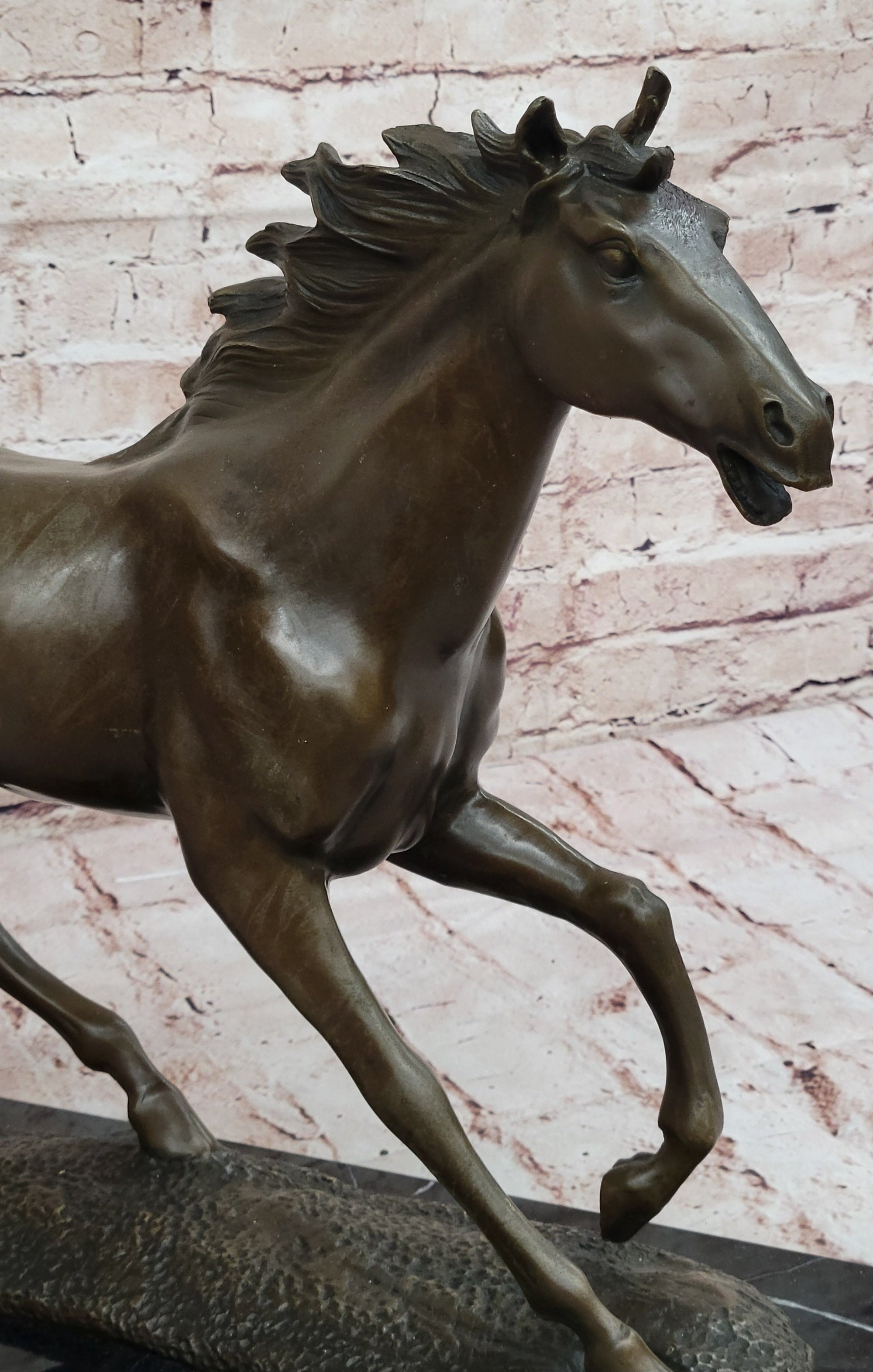 Milo Running Horse Bronze Sculpture; Realistic Equine Art on Marble Base