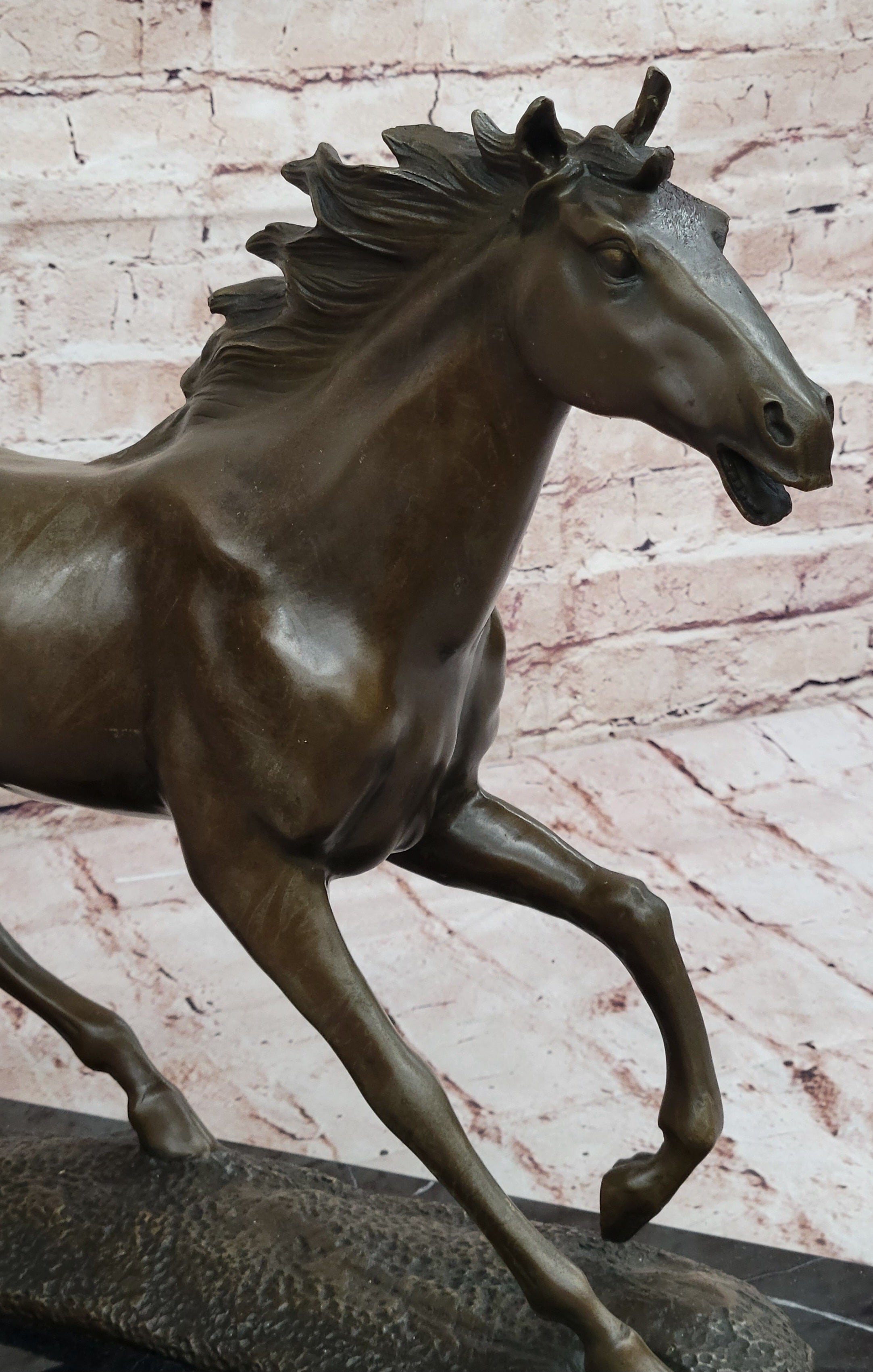Milo Running Horse Bronze Sculpture; Realistic Equine Art on Marble Base