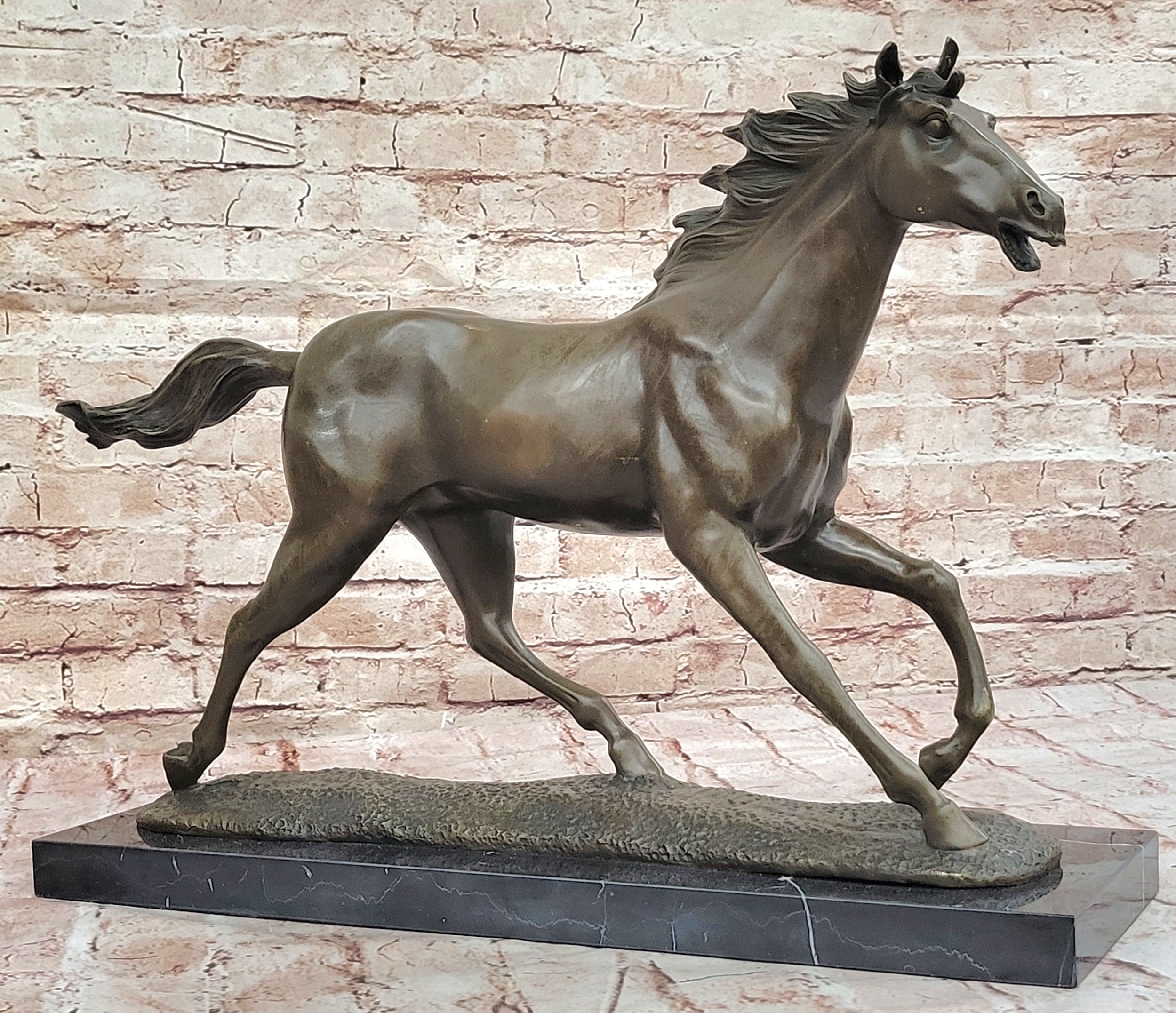 Milo Running Horse Bronze Sculpture; Realistic Equine Art on Marble Base
