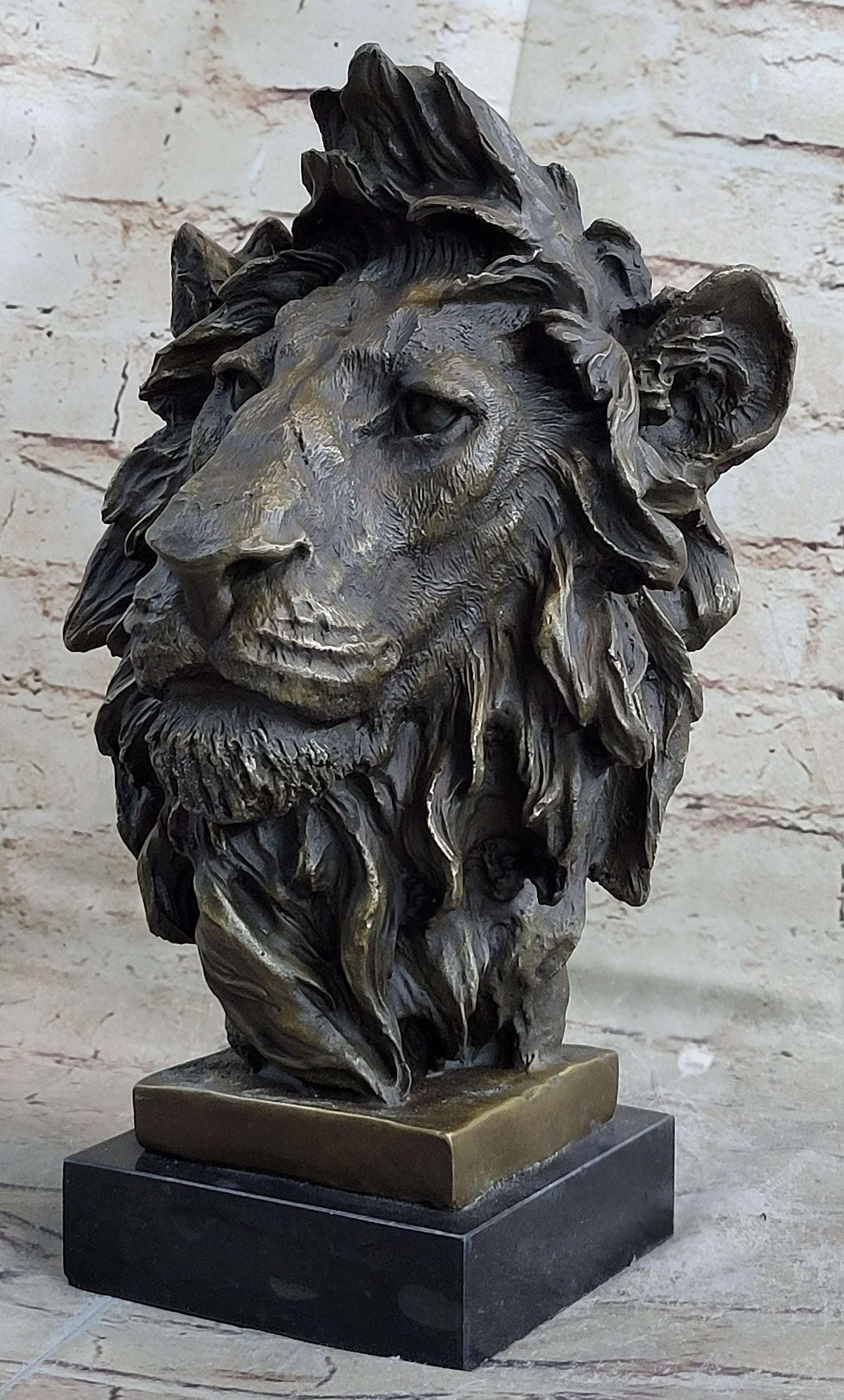 Hot Cast Bronze Male Lion Bust Sculpture Statue Original Art on Marble Base