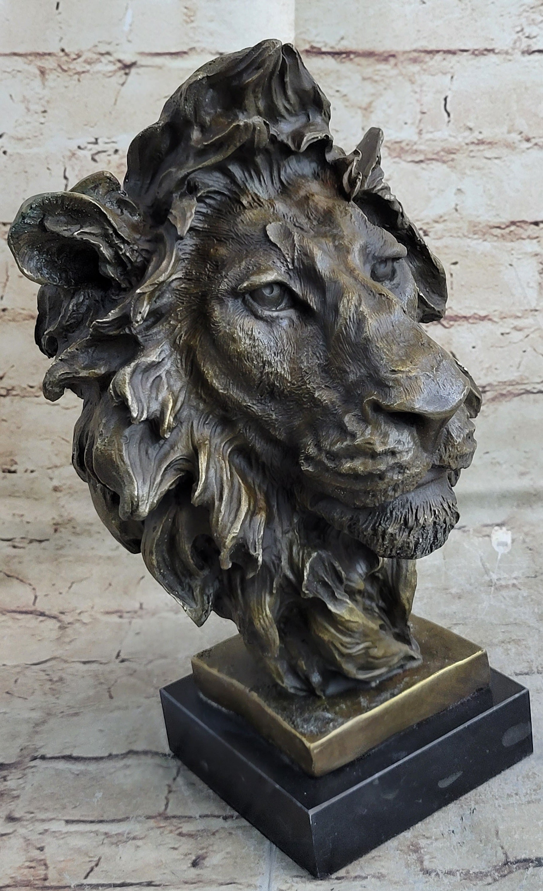 Hot Cast Bronze Male Lion Bust Sculpture Statue Original Art on Marble Base
