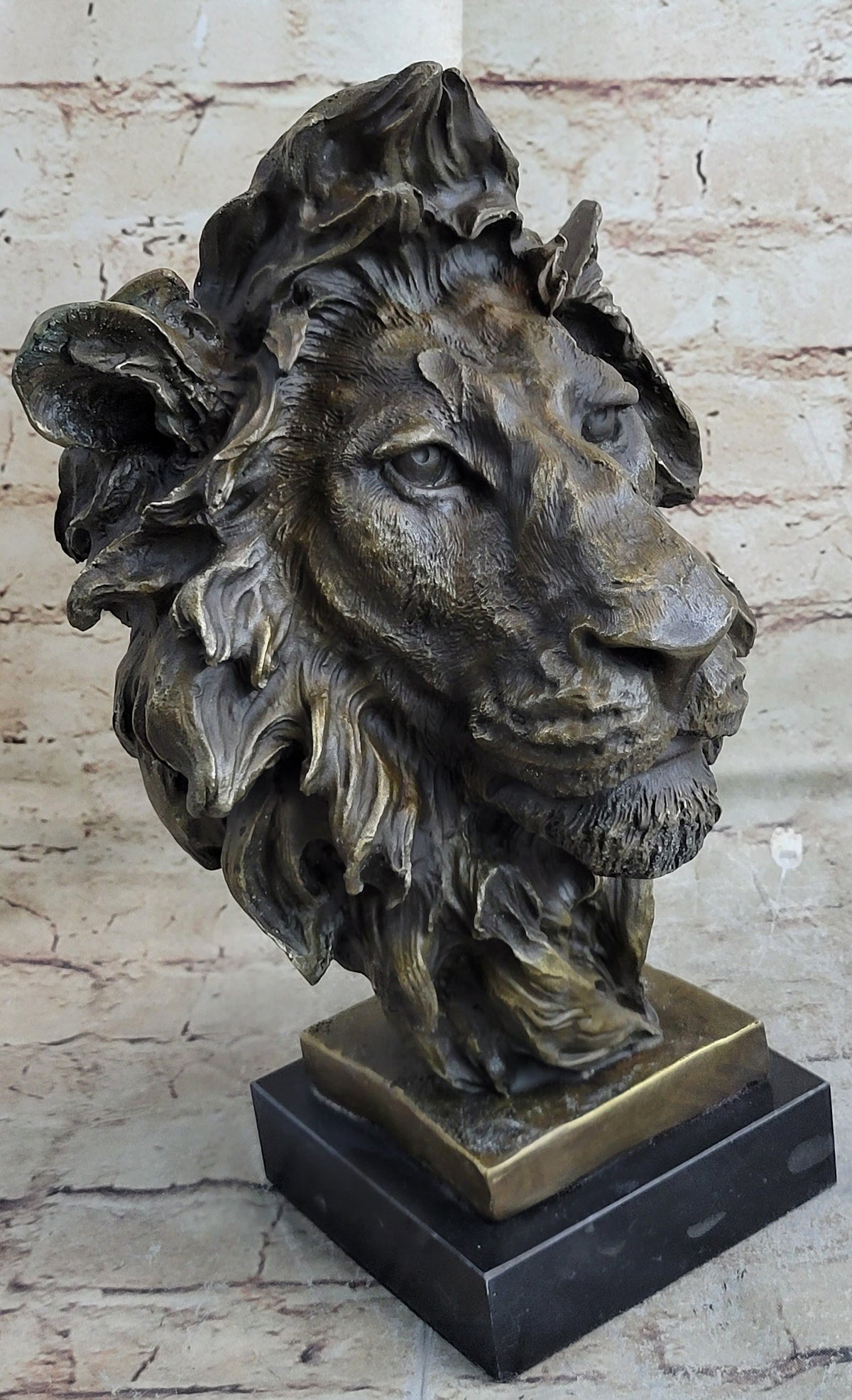 Hot Cast Bronze Male Lion Bust Sculpture Statue Original Art on Marble Base