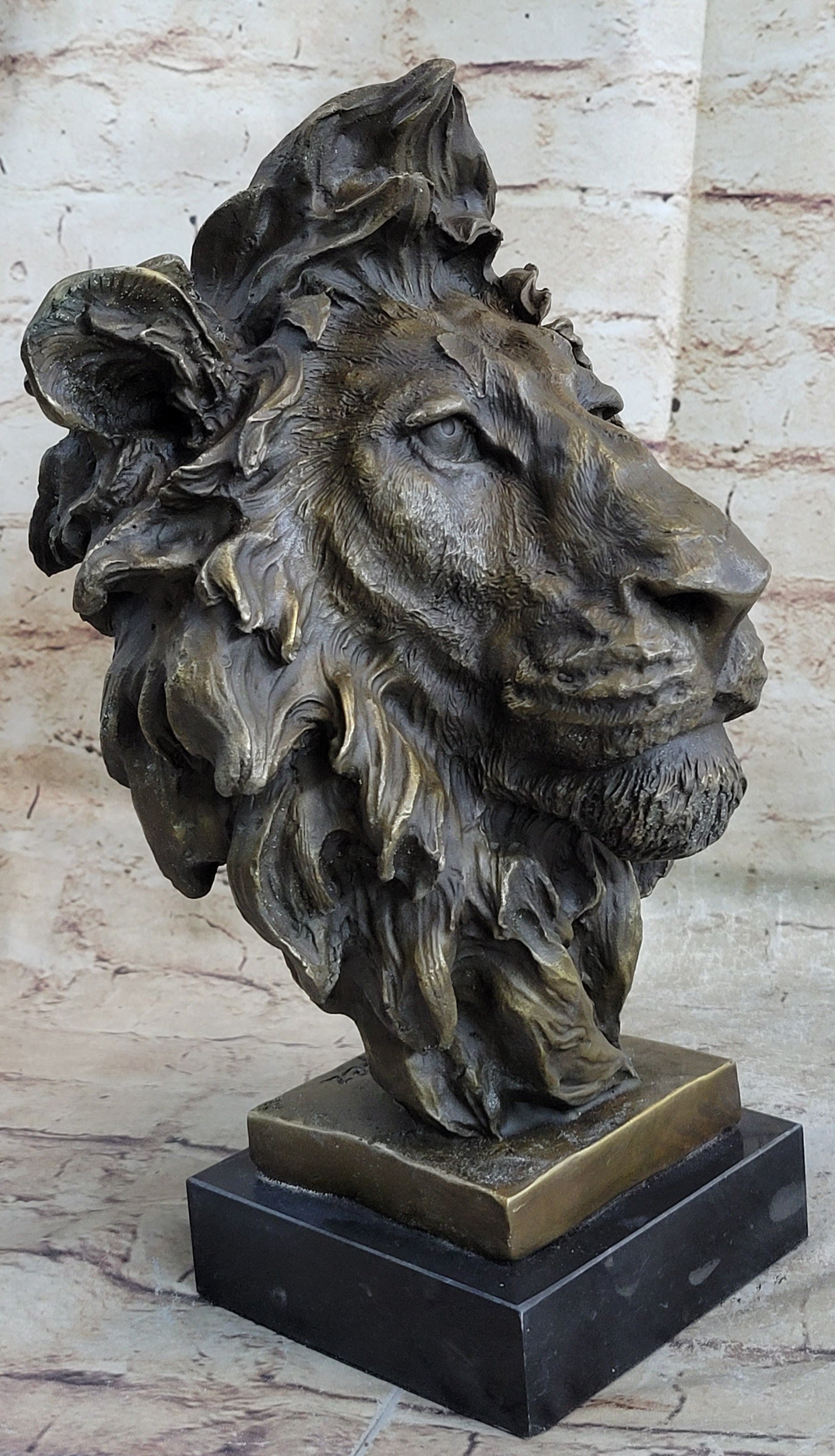 Hot Cast Bronze Male Lion Bust Sculpture Statue Original Art on Marble Base