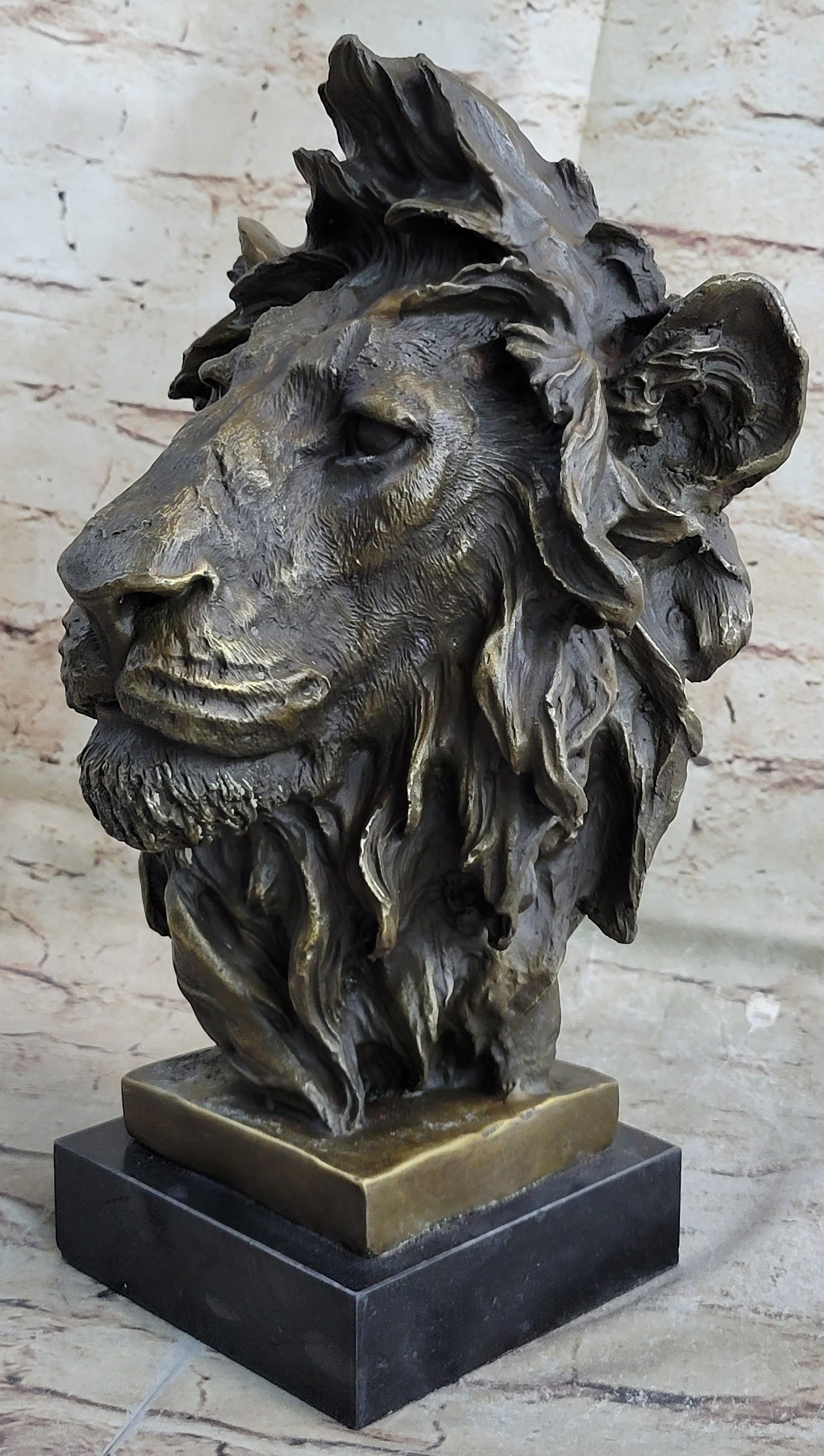 Hot Cast Bronze Male Lion Bust Sculpture Statue Original Art on Marble Base