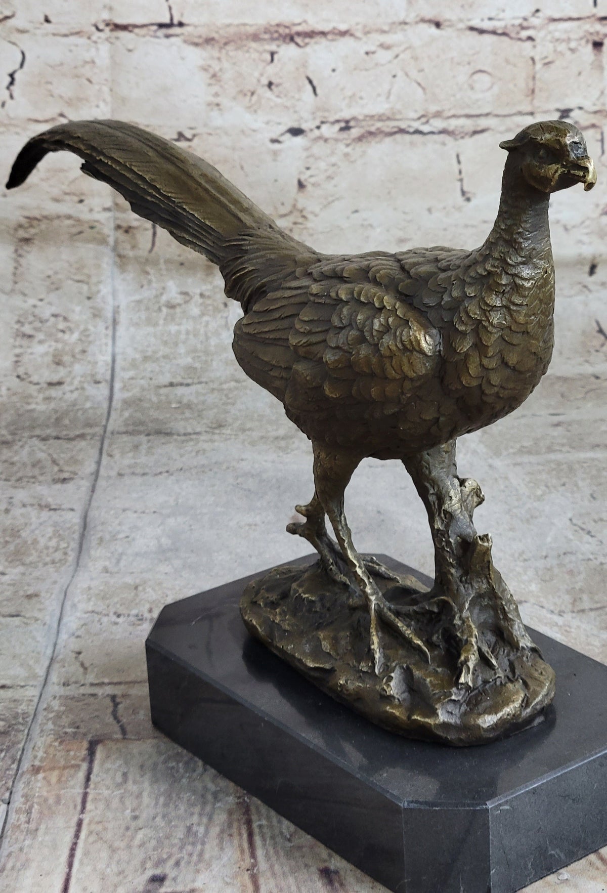 Pheasant Grouse Game Bird Hunter Bronze Marble Statue Wildlife Trophy Figurine