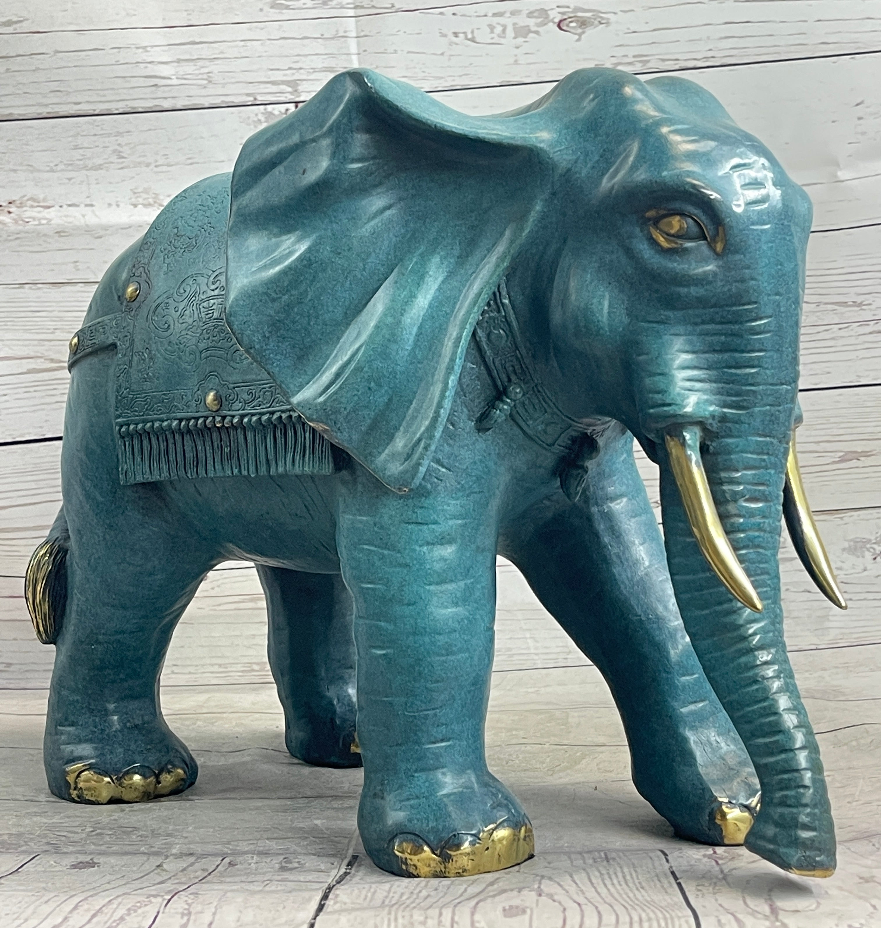Green Blue Elephant Bronze Sculpture Statue Figure Figurine Signed Original Art