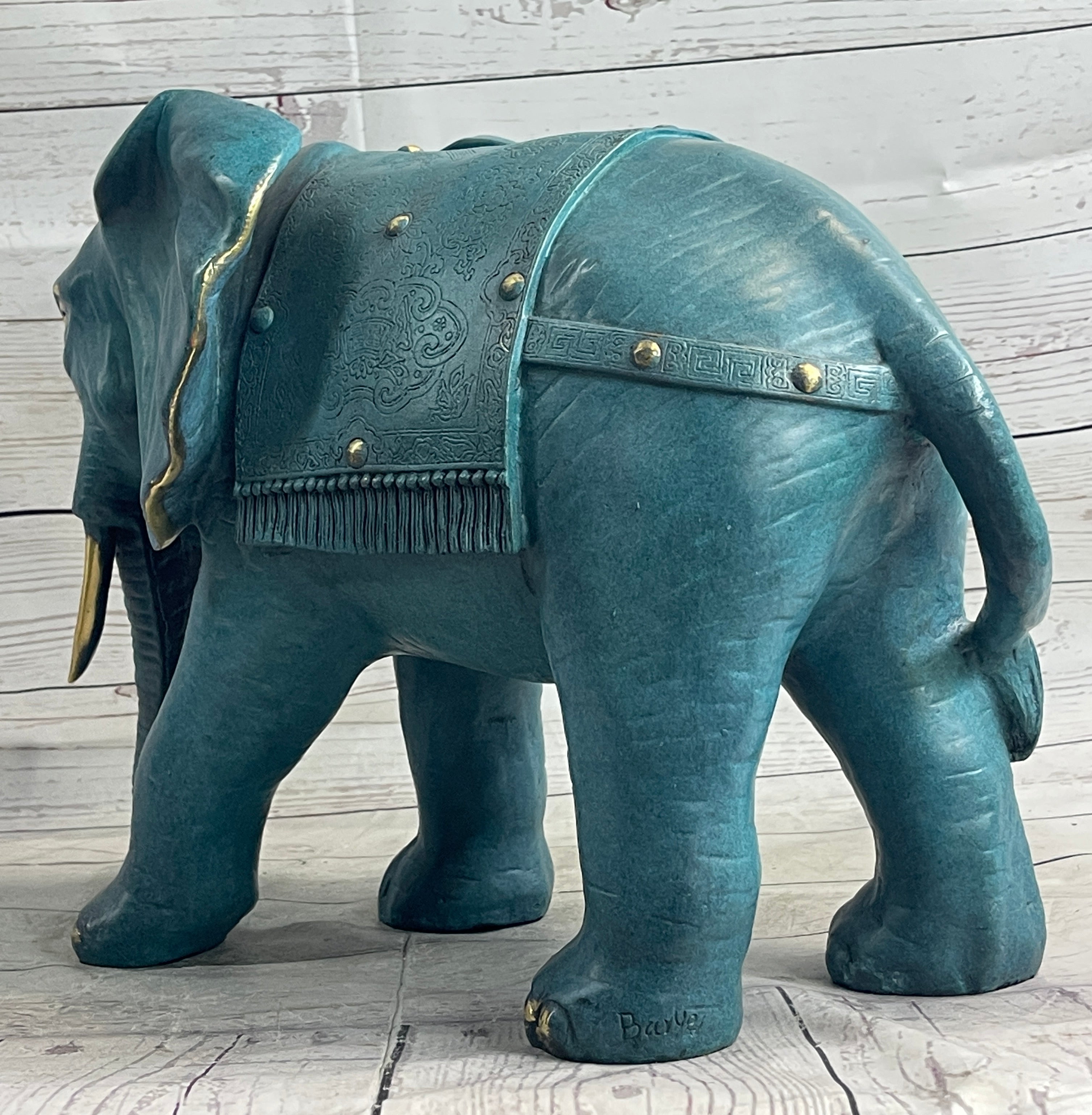 Green Blue Elephant Bronze Sculpture Statue Figure Figurine Signed Original Art