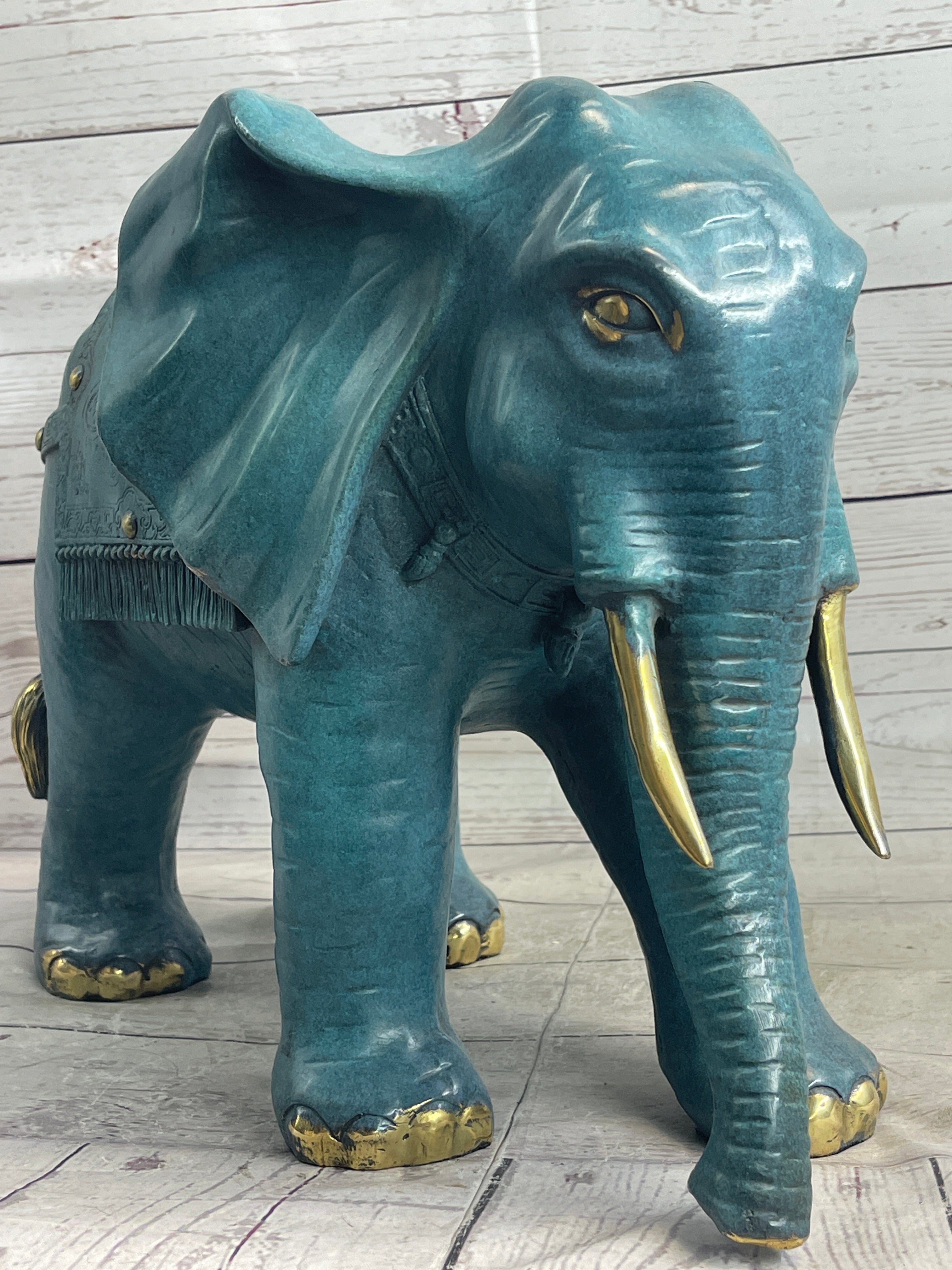 Green Blue Elephant Bronze Sculpture Statue Figure Figurine Signed Original Art