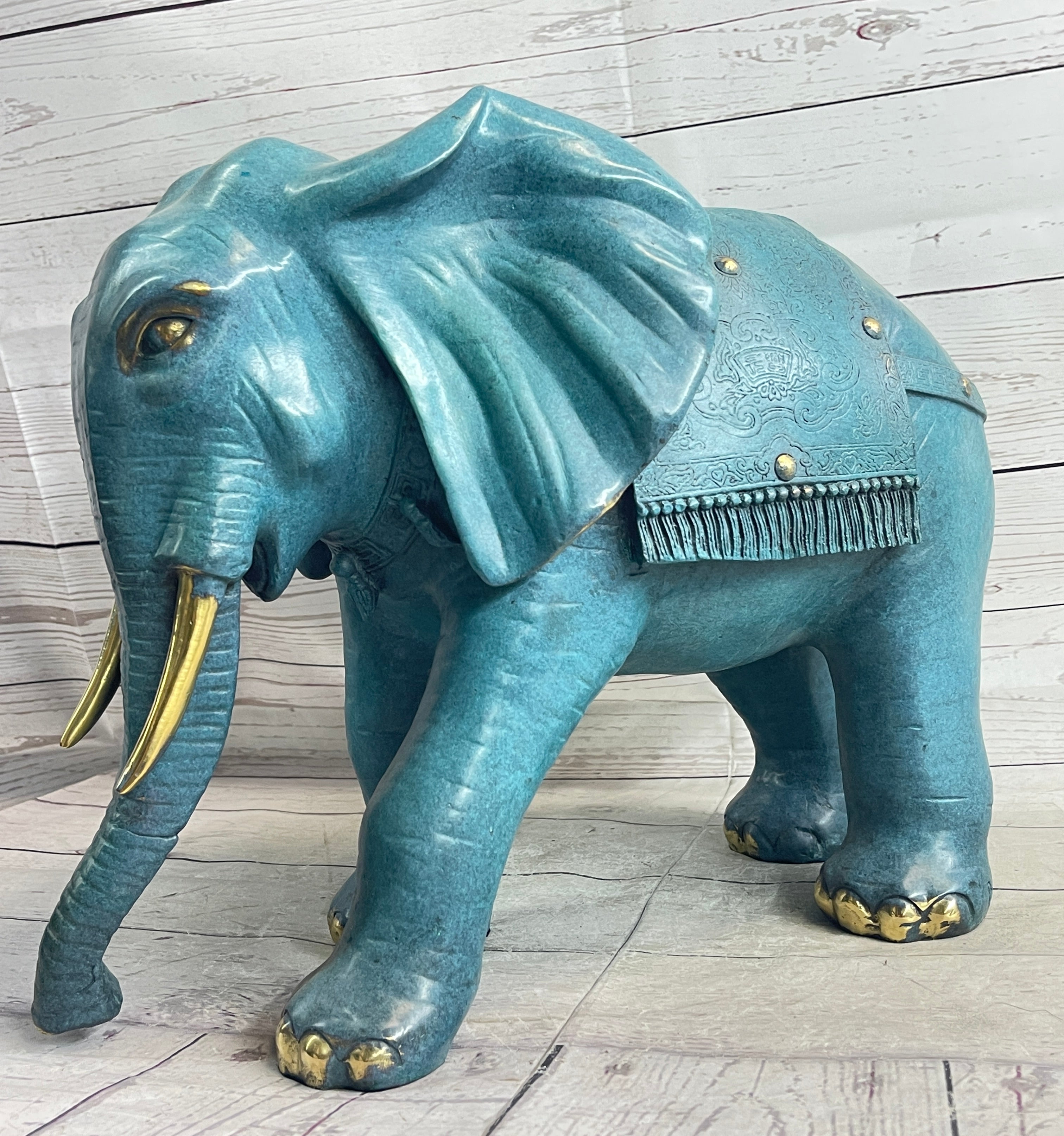 Green Blue Elephant Bronze Sculpture Statue Figure Figurine Signed Original Art