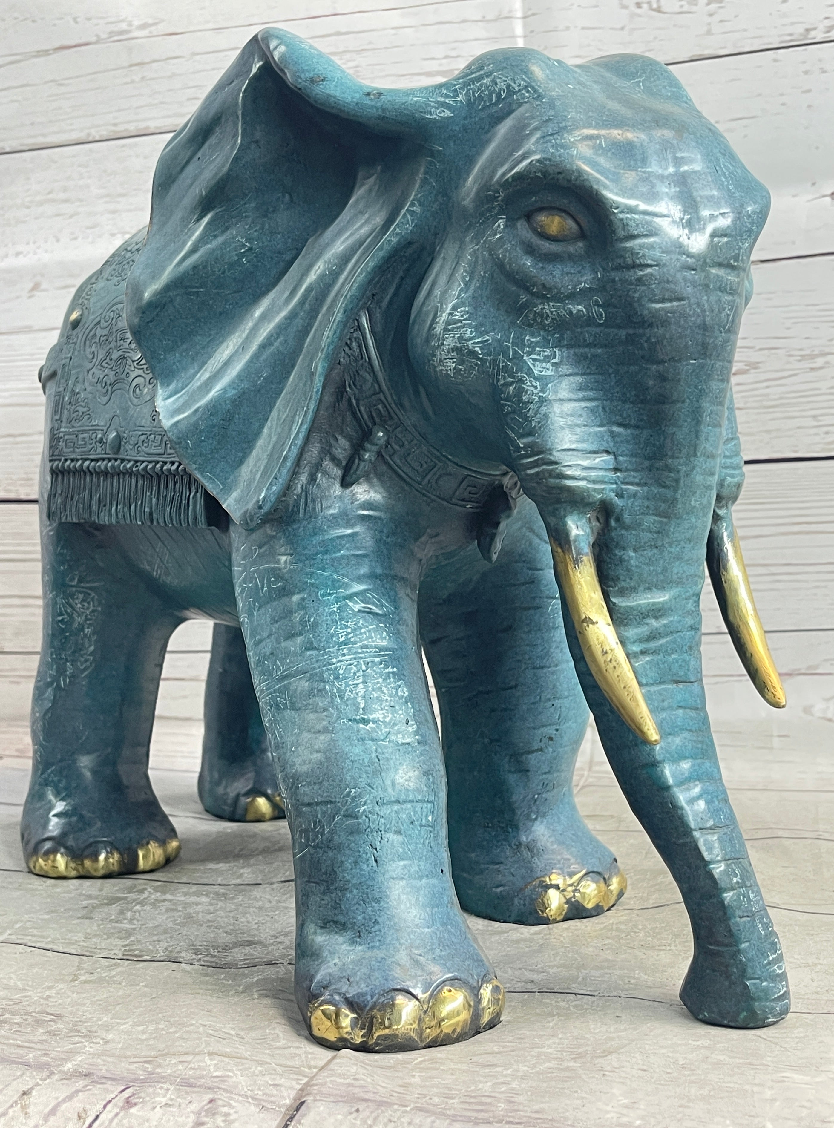 Extra Large Heavy Wildlife Elephant by French Artist Barye Green Patina Bronze Statue
