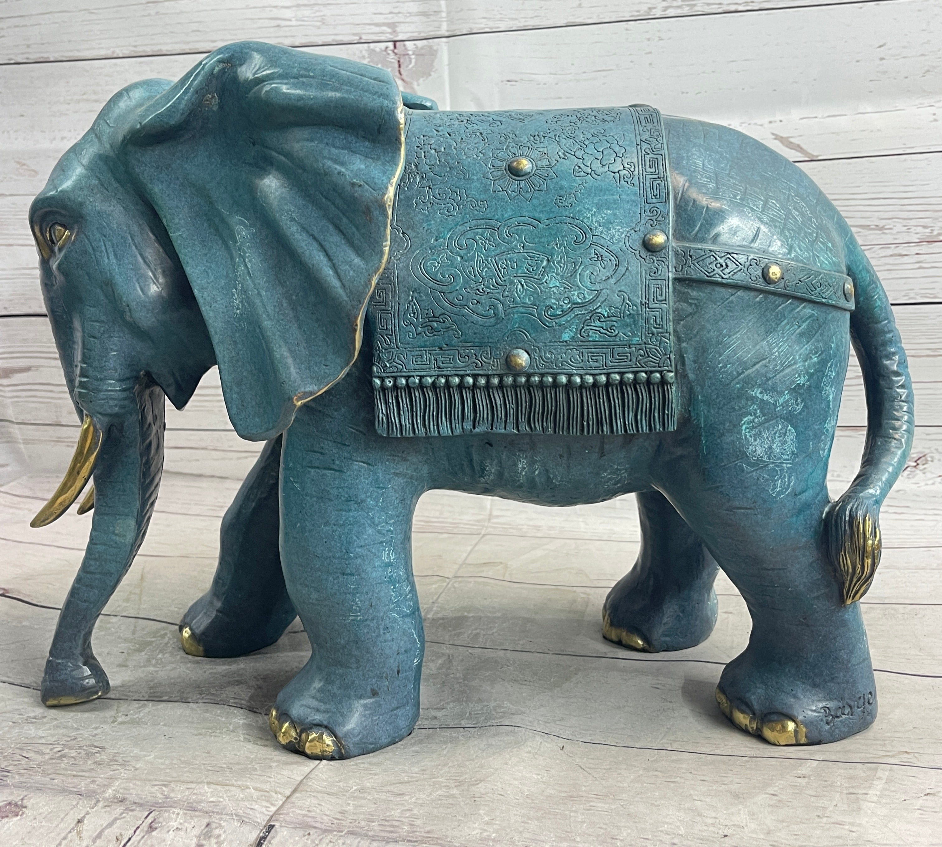 Extra Large Heavy Wildlife Elephant by French Artist Barye Green Patina Bronze Statue