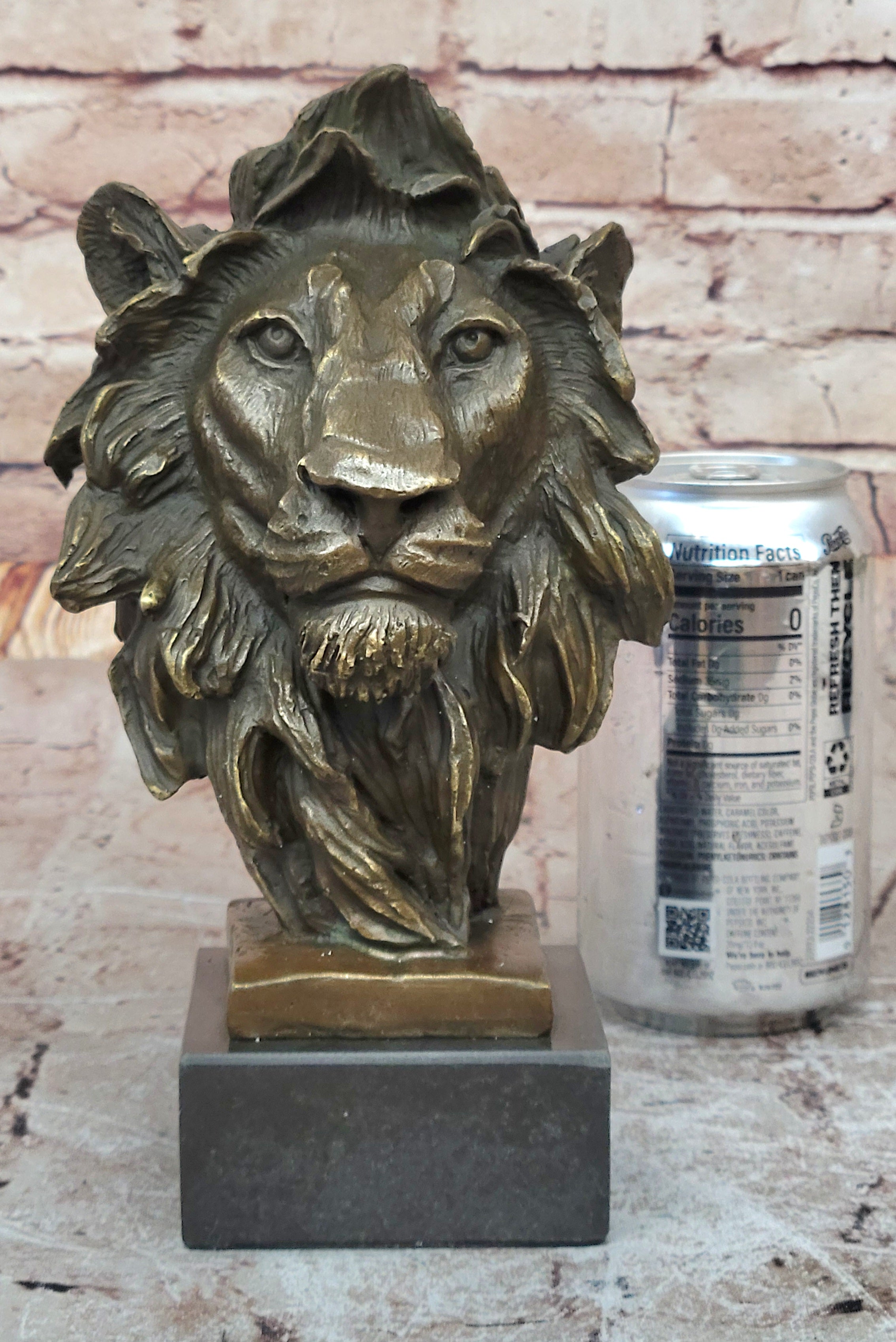 Male Lion Bronze Bust Statue Sculpture Figure on Black Marble Base Signed Barye 9" x 4"