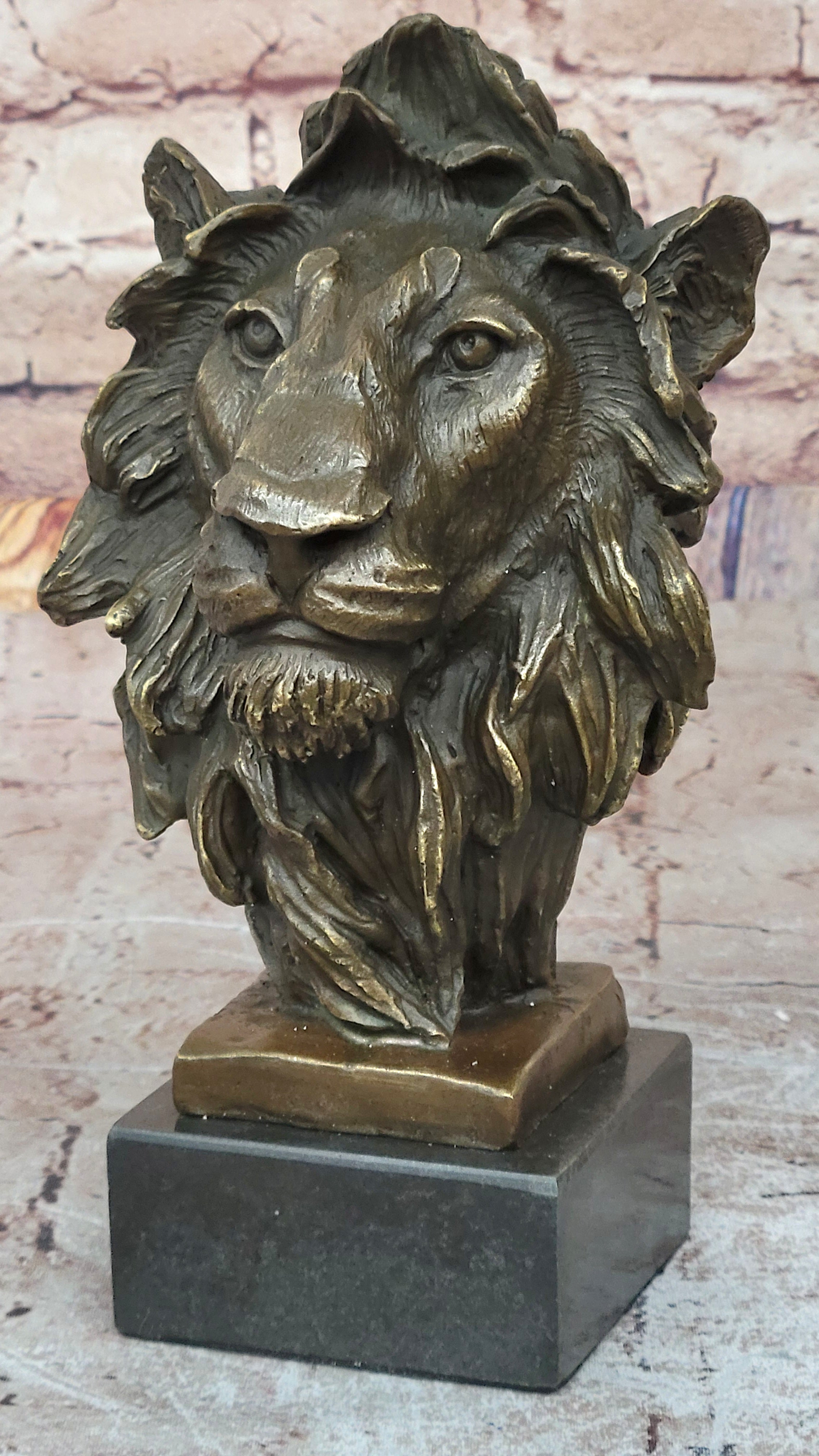 Male Lion Bronze Bust Statue Sculpture Figure on Black Marble Base Signed Barye 9" x 4"