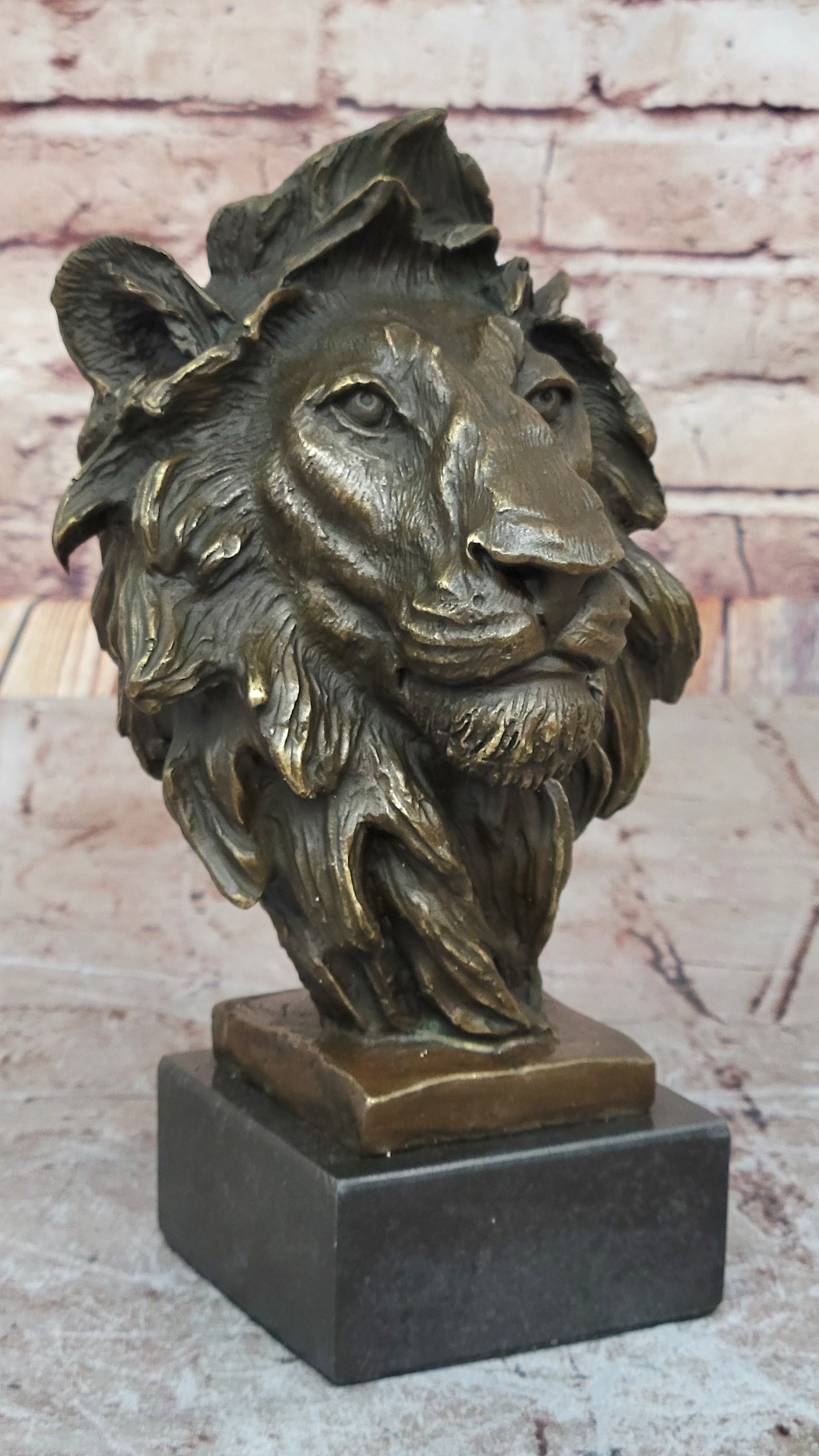 Male Lion Bronze Bust Statue Sculpture Figure on Black Marble Base Signed Barye 9" x 4"