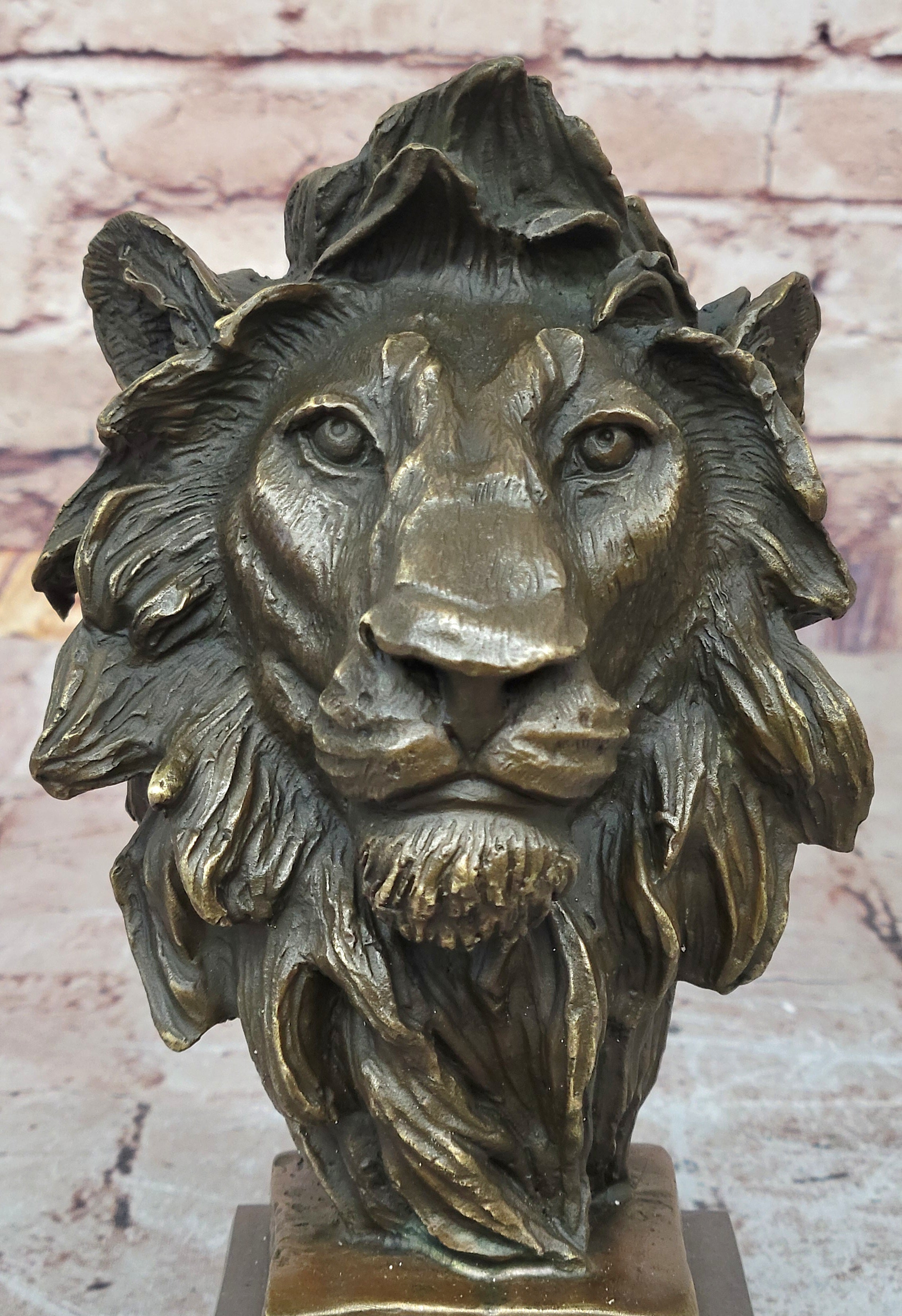 Male Lion Bronze Bust Statue Sculpture Figure on Black Marble Base Signed Barye 9" x 4"