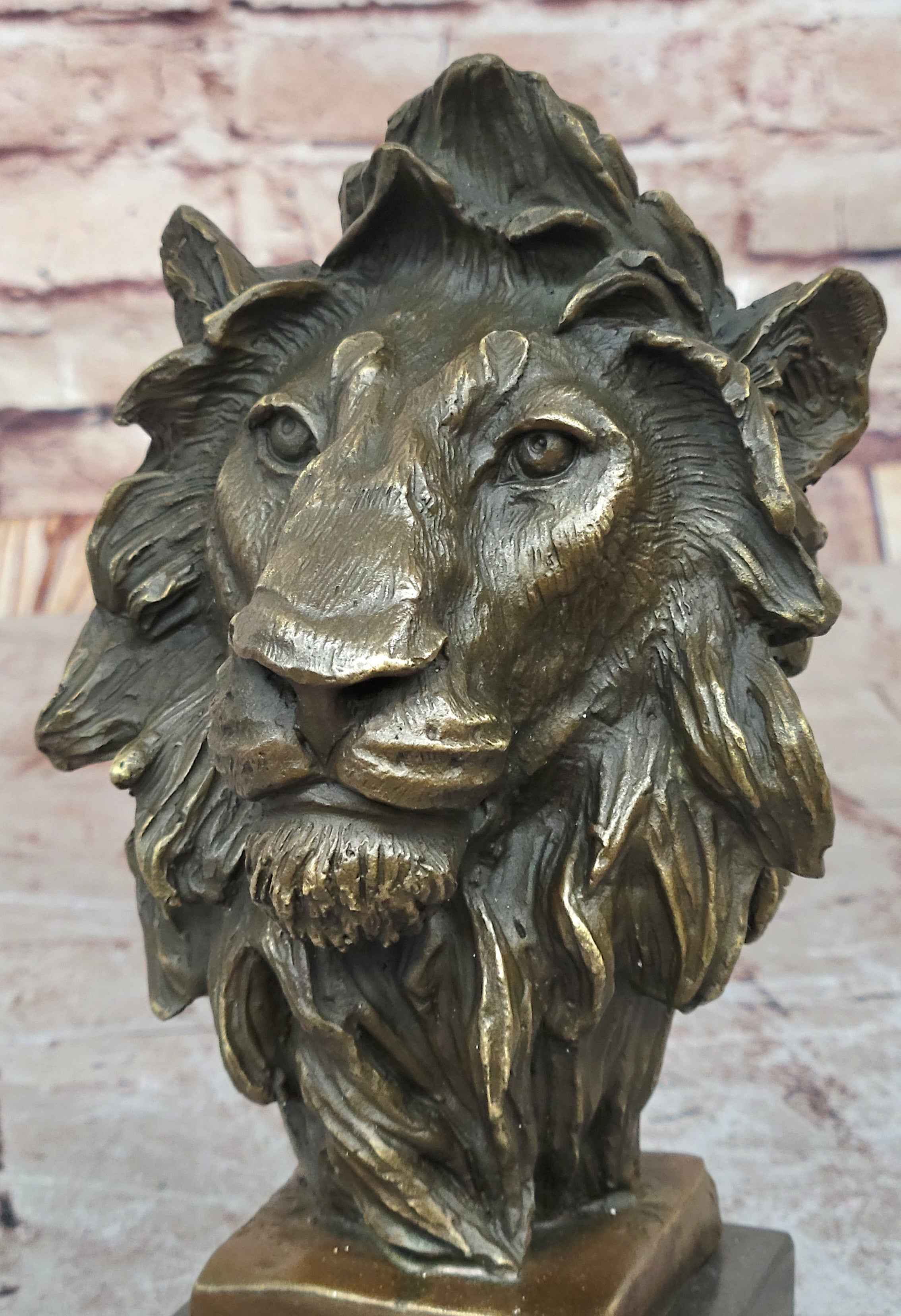 Male Lion Bronze Bust Statue Sculpture Figure on Black Marble Base Signed Barye 9" x 4"