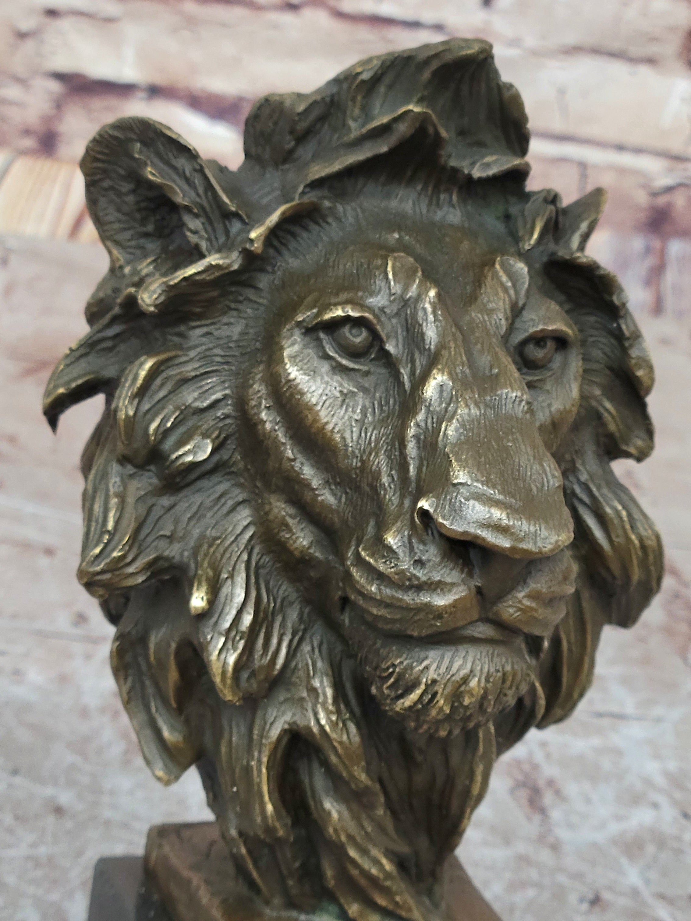 Male Lion Bronze Bust Statue Sculpture Figure on Black Marble Base Signed Barye 9" x 4"