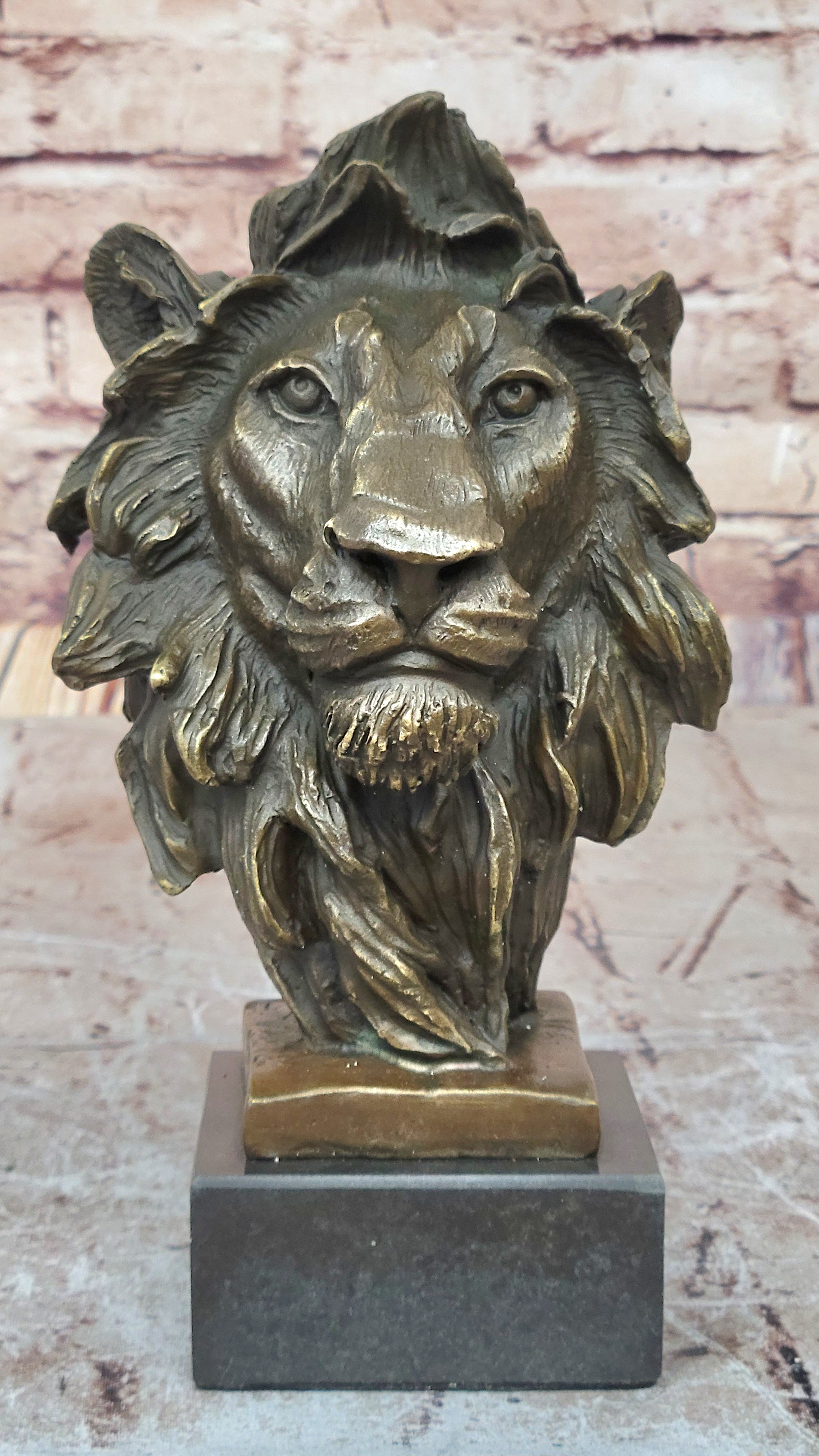 Male Lion Bronze Bust Statue Sculpture Figure on Black Marble Base Signed Barye 9" x 4"