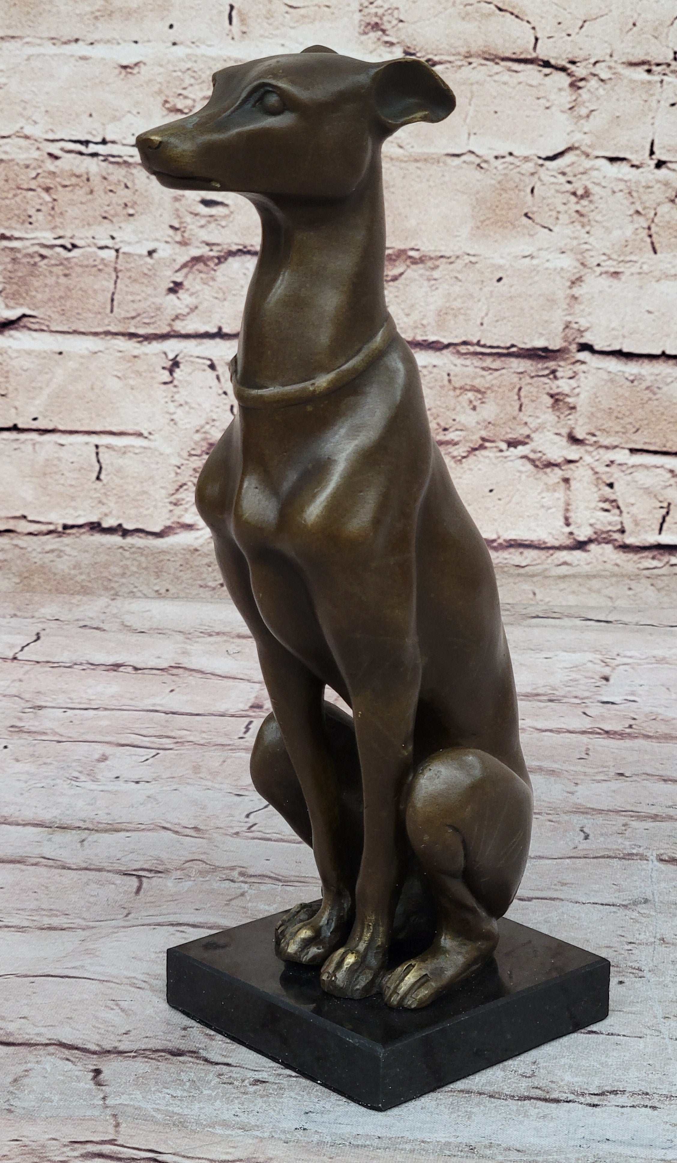Greyhound Whippet Slender Dog Bronze Metal Modern Art Sculpture Statue Figure Marble Base