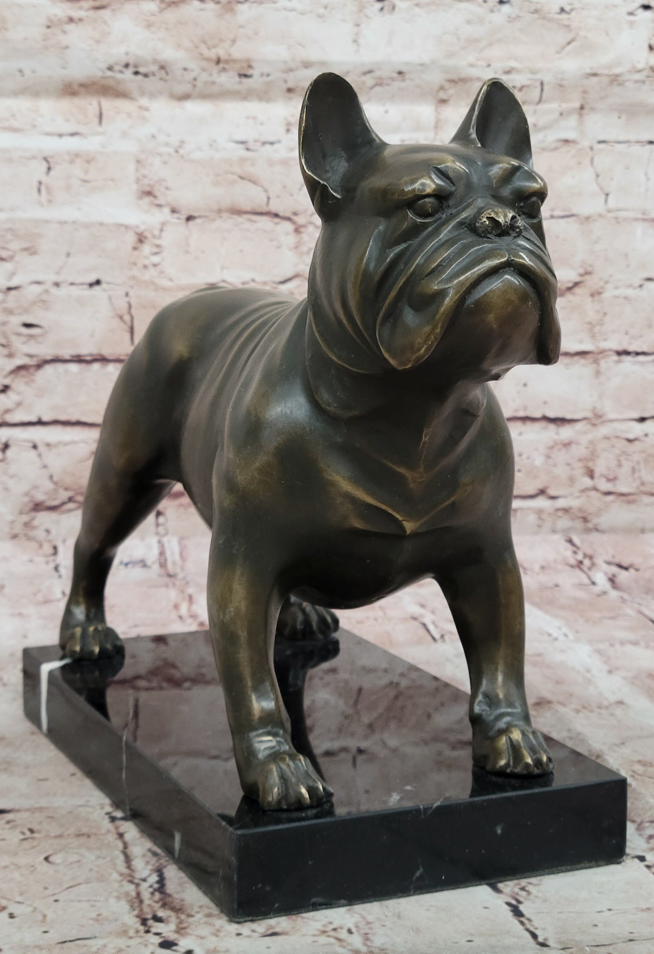 Bronze Bulldog Sculpture on Marble Base; Dog Lover Gift Decor