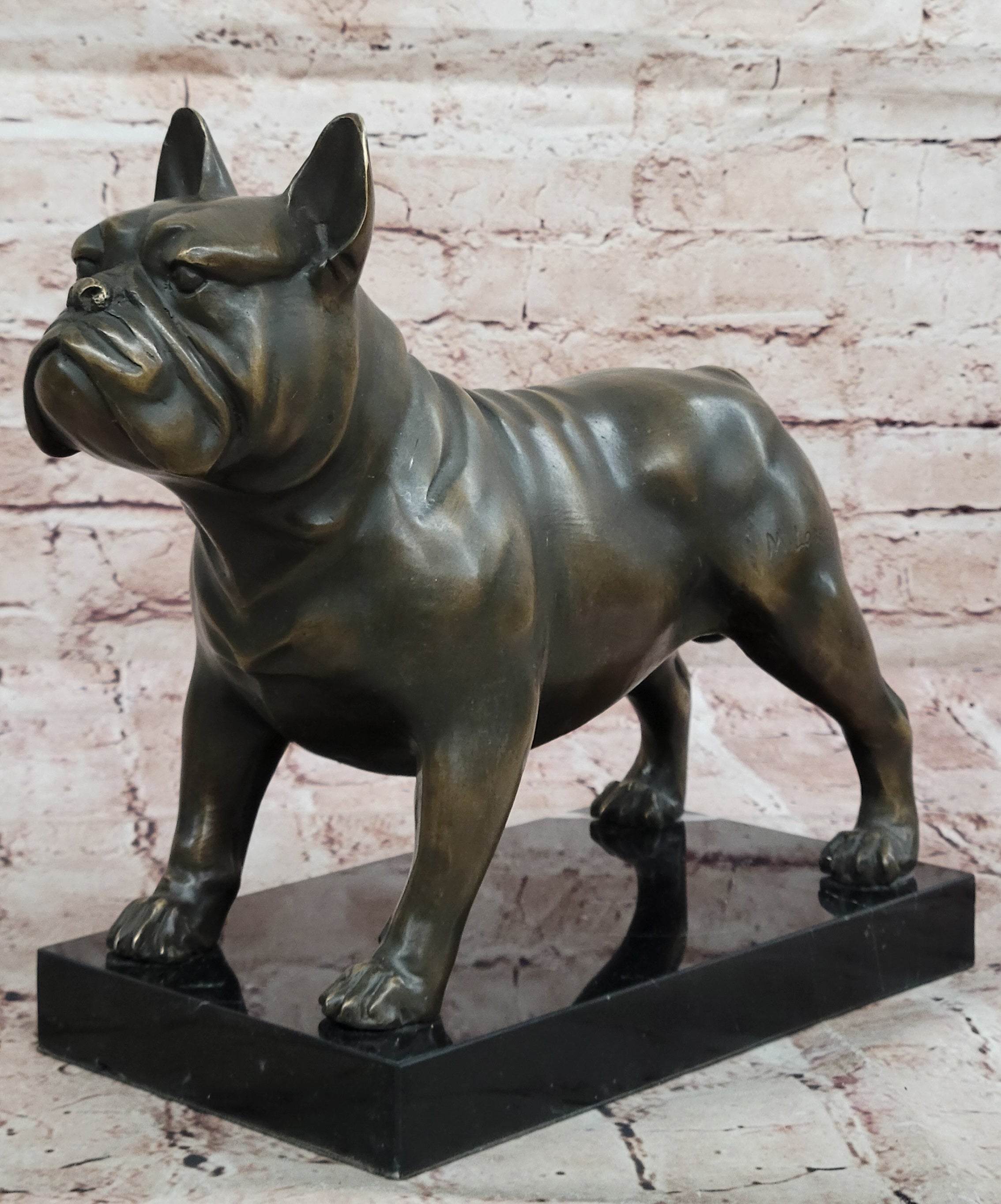 Bronze Bulldog Sculpture on Marble Base; Dog Lover Gift Decor