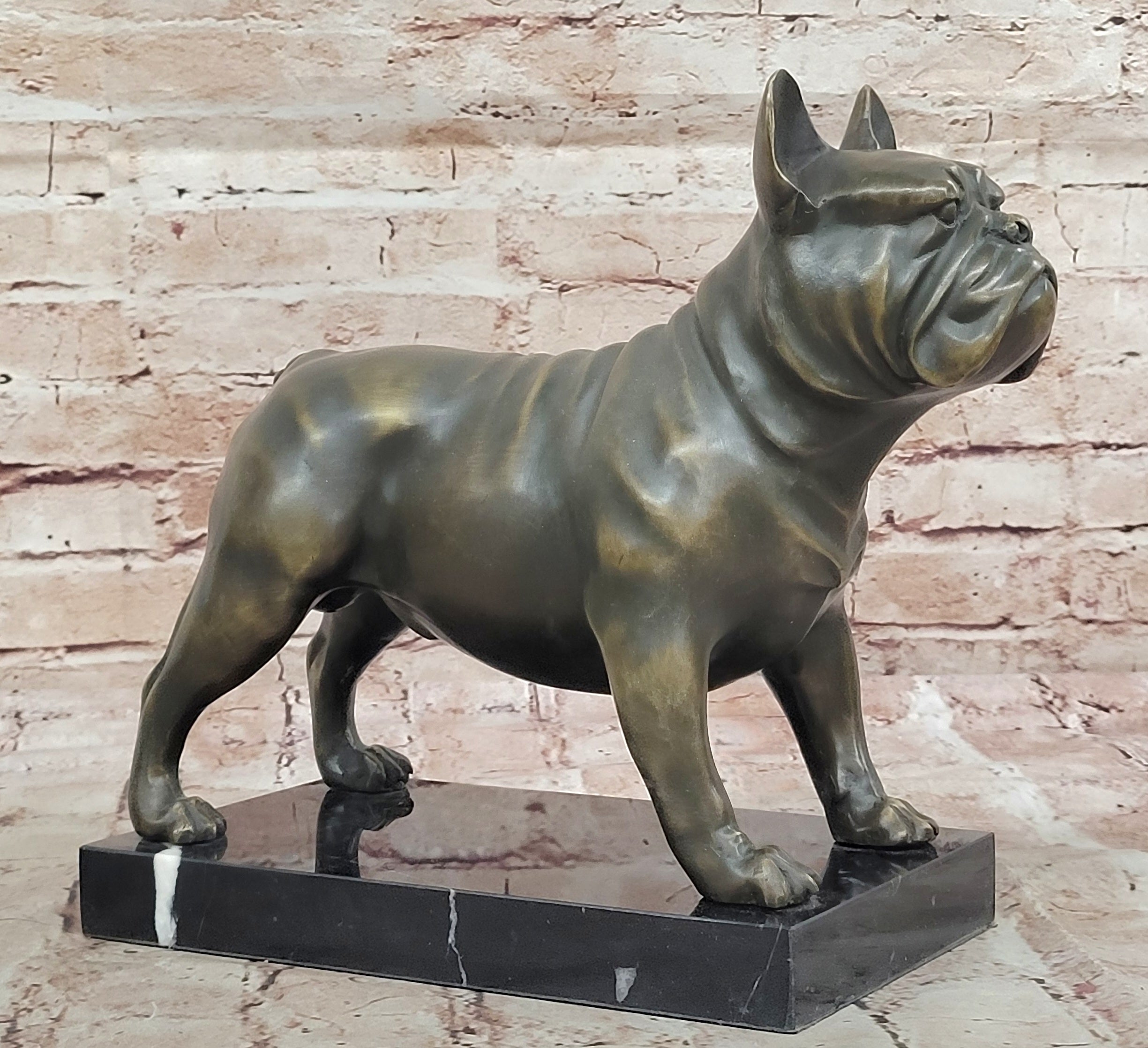 Bronze Bulldog Sculpture on Marble Base; Dog Lover Gift Decor
