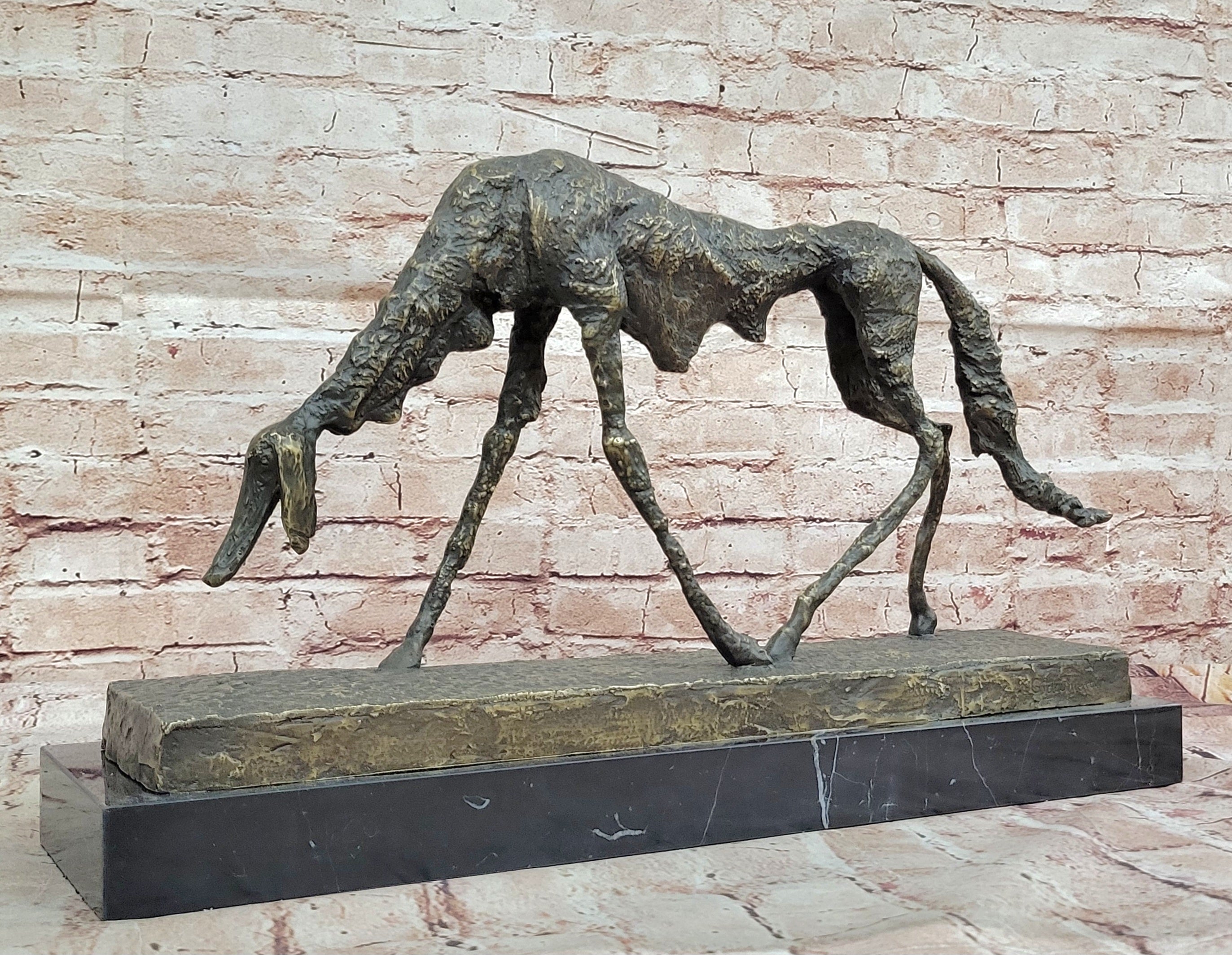 Abstract Surrealist Bronze Dog Sculpture Statue on Marble Base