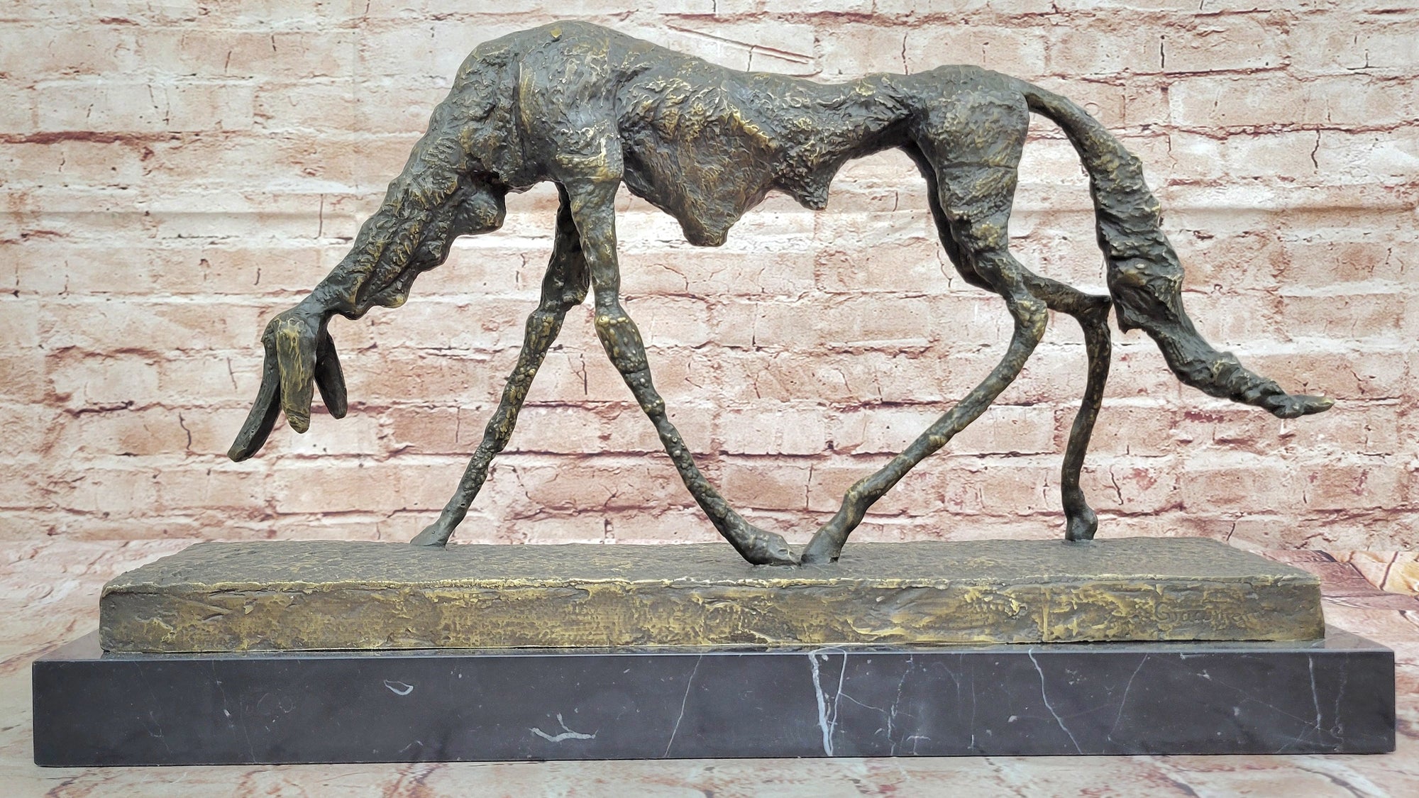 Abstract Surrealist Bronze Dog Sculpture Statue on Marble Base