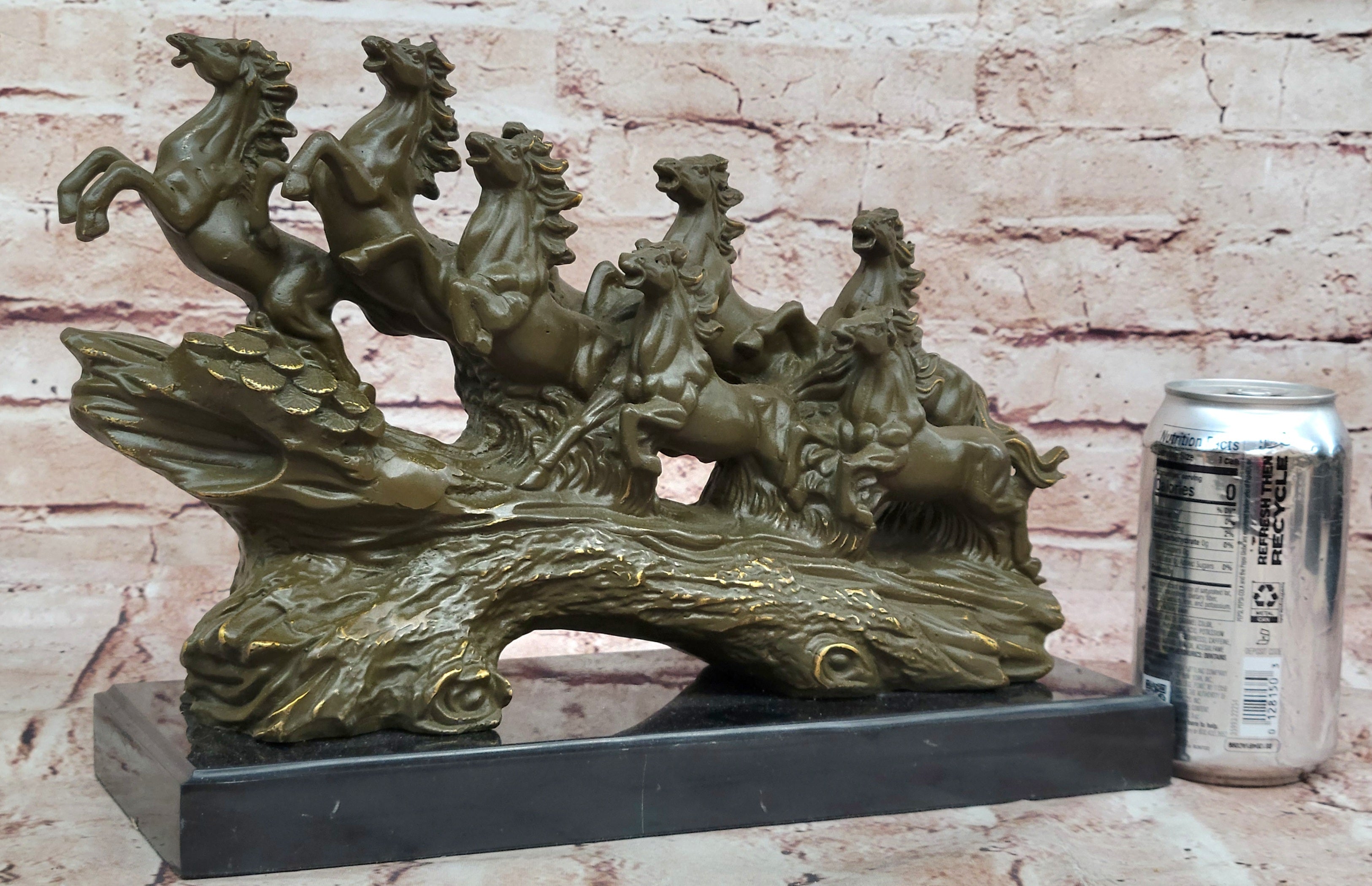 Eight Galloping Horses Bronze Sculpture on Marble Base Signed M. Lopez