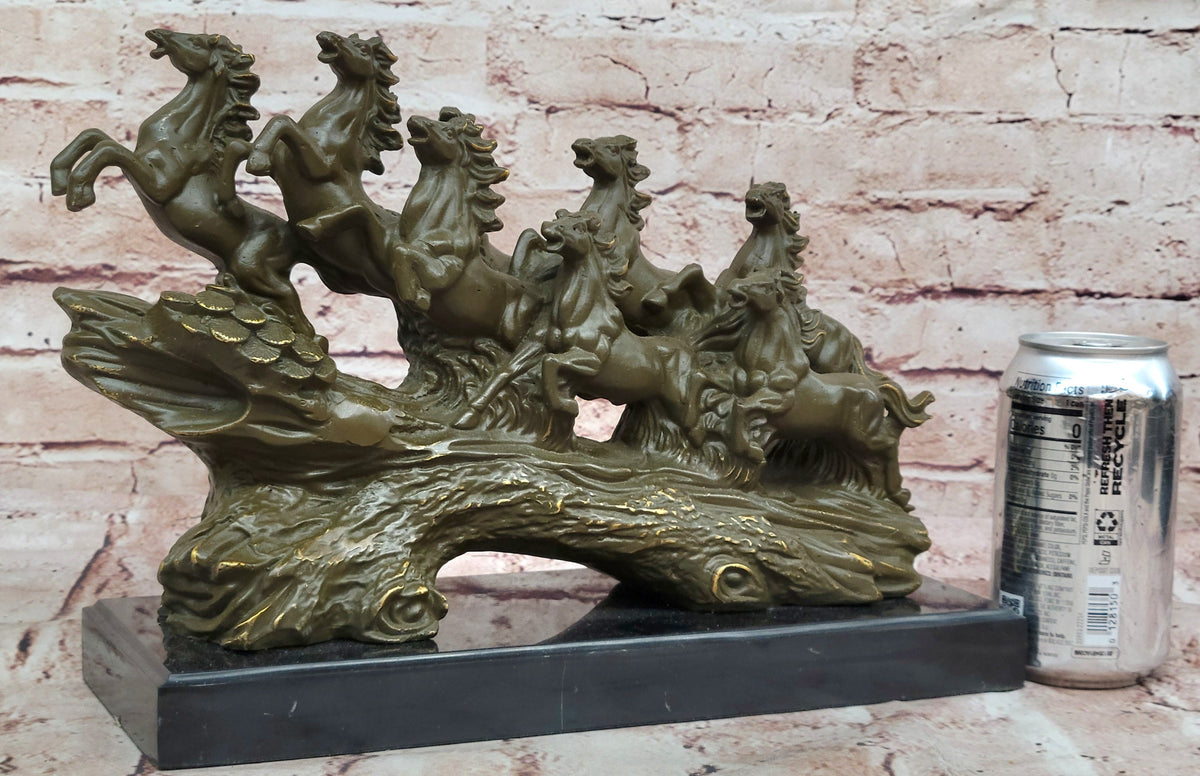 Eight Galloping Horses Bronze Sculpture on Marble Base Signed M. Lopez